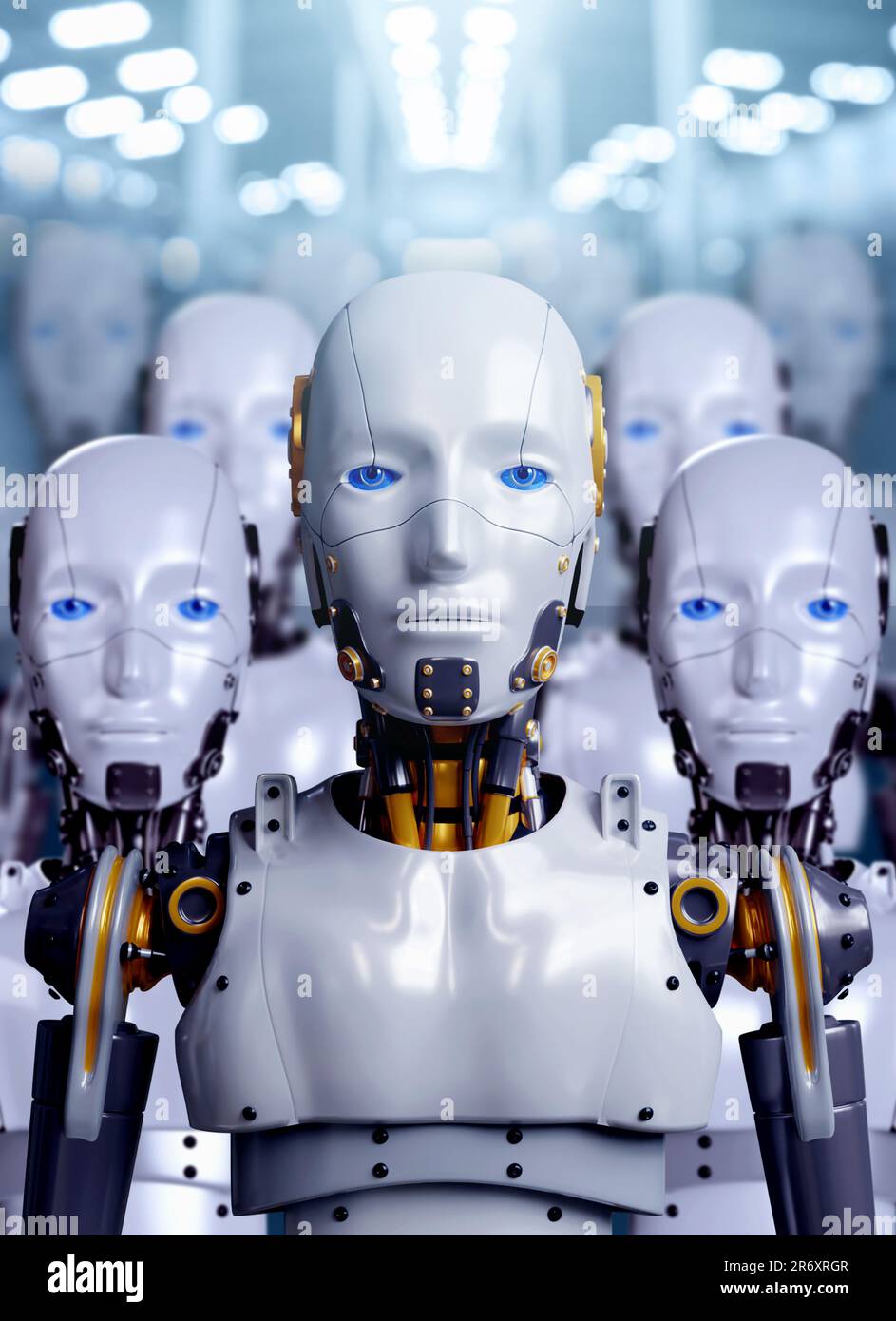 3D-Darstellung von Porträts führender Roboter mit Armee, Industriegruppe von Cyborg-Maschinen im Werkshintergrund, vertikaler Stil. Futuristischer AI-Robotertee Stockfoto