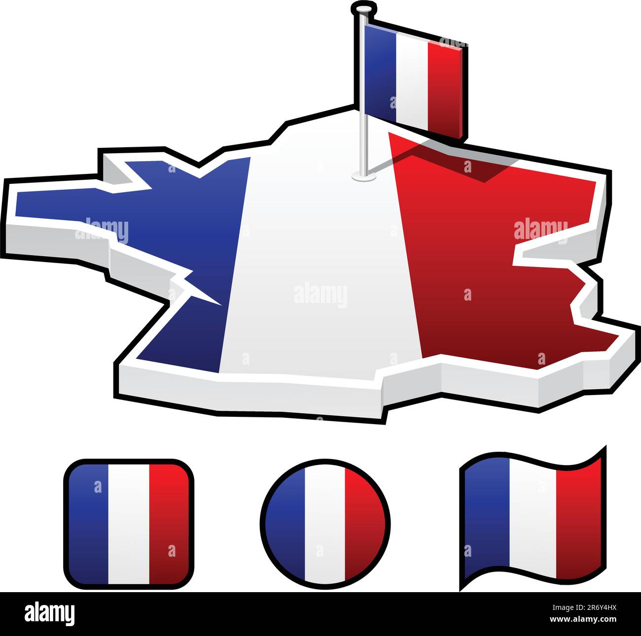 Eine Reihe von Symbolen - die Karte und Flagge Frankreichs. Die Flagge steht auf dem Gelände der französischen Hauptstadt Paris Stock Vektor