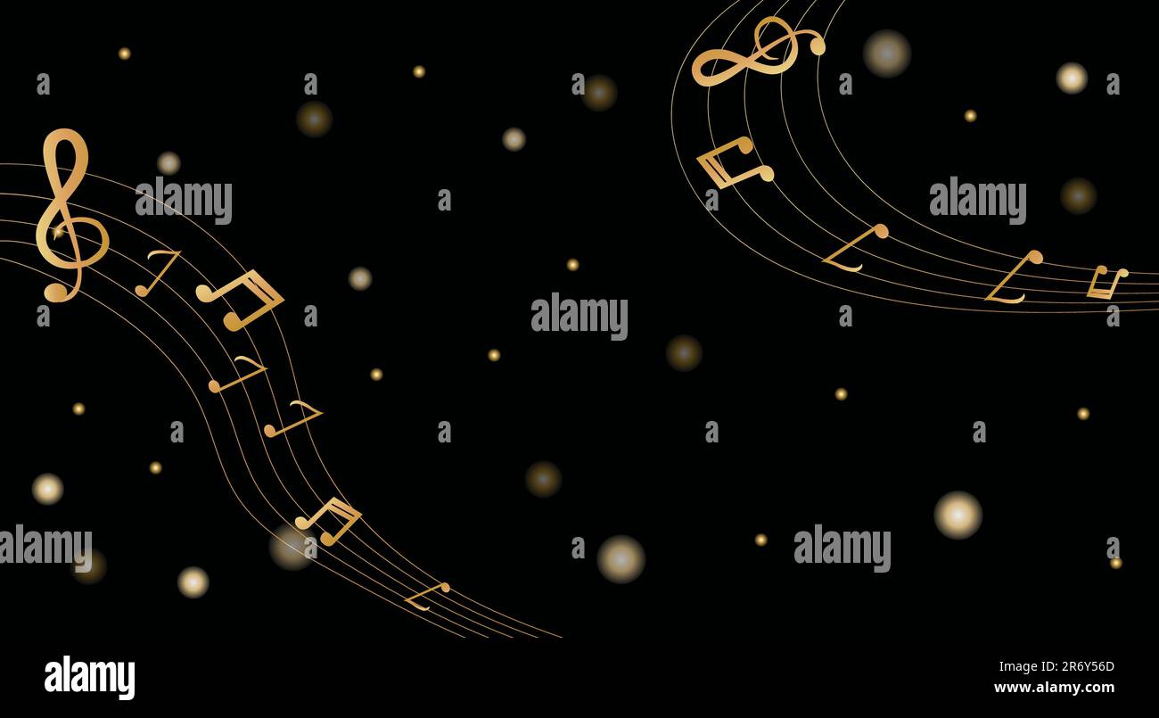 Musikalischer Hintergrund mit Noten und Noten und 3D-Effekten in Goldtönen auf schwarzem Hintergrund Stockfoto