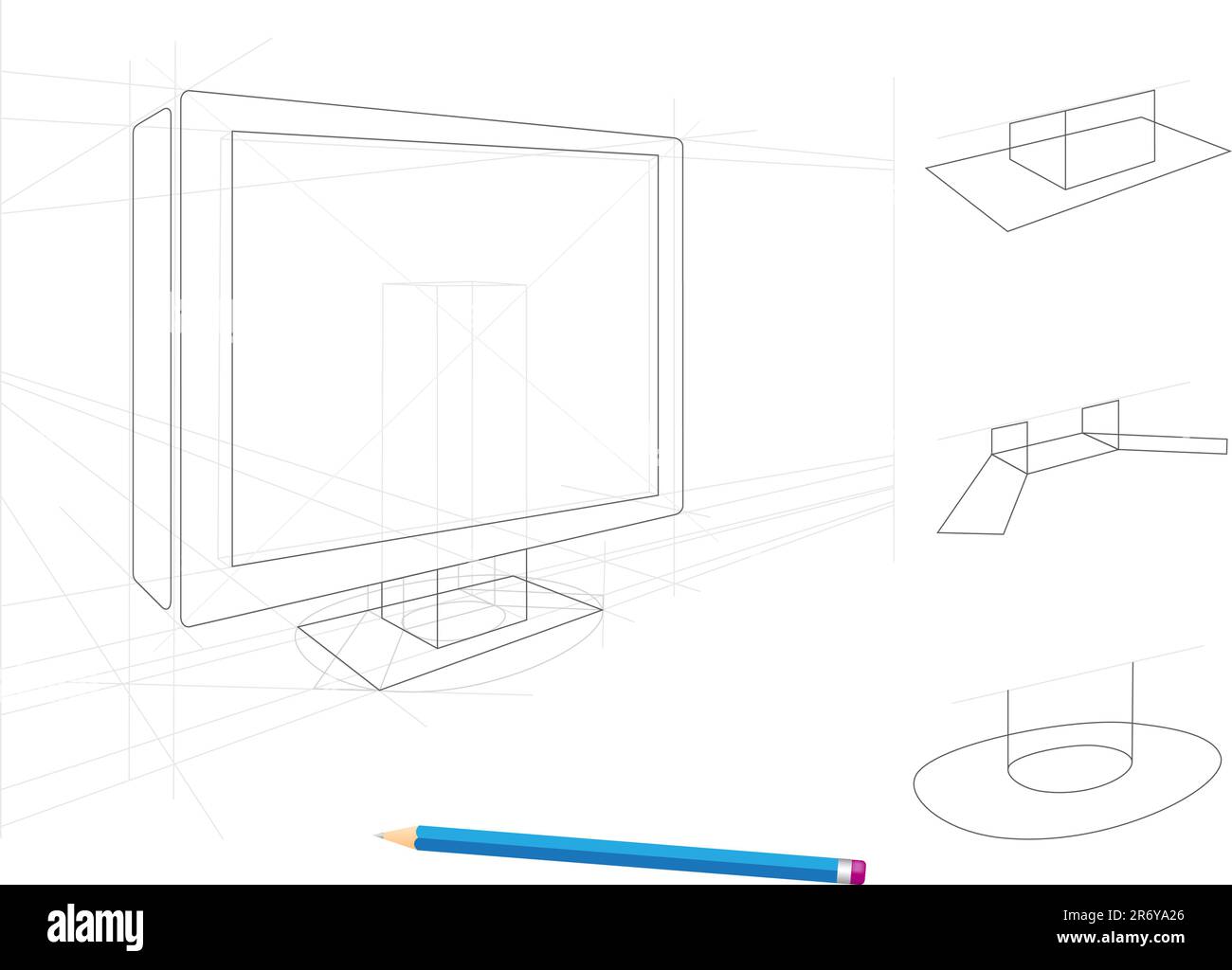 Skizze von tv und Halter gezogen durch einen Bleistift, isoliert auf weiss Stock Vektor