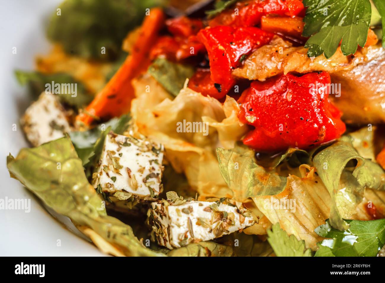 Eine gesunde Mahlzeit aus frischem Obst, Gemüse und Rindfleisch mit einem Beilagensalat auf einem Teller--die perfekte Kombination für Ihr Wohlbefinden. Stockfoto