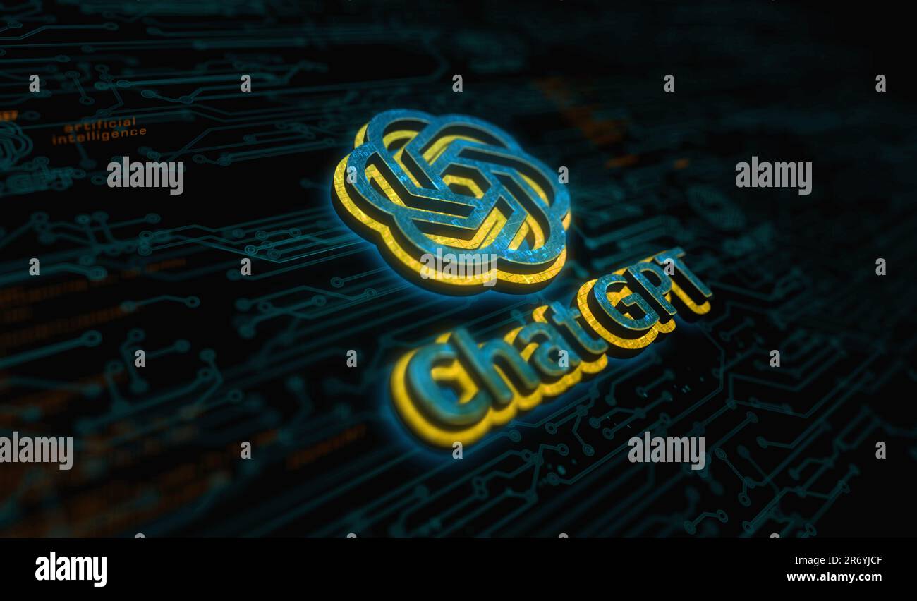 Posen, Polen, 10. Juni 2023: ChatGPT Open ai Chat bot Golden Metal Shine Symbol Konzept. Spektakuläres Leuchten und Reflexionslicht Symbol abstraktes Objekt Stockfoto