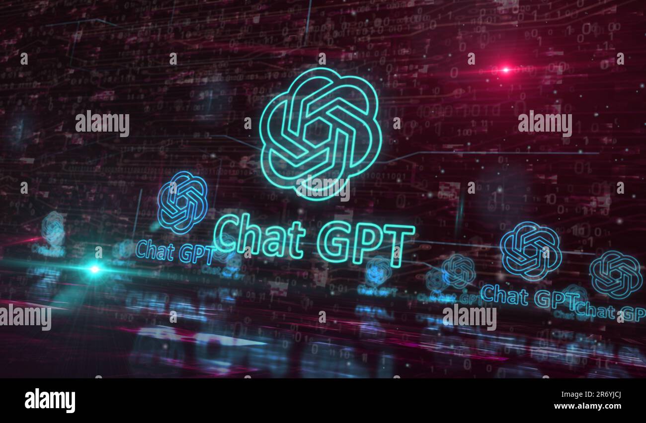 Posen, Polen, 10. Juni 2023: ChatGPT Open ai Chat bot Golden Metal Shine Symbol Konzept. Spektakuläres Leuchten und Reflexionslicht Symbol abstraktes Objekt Stockfoto