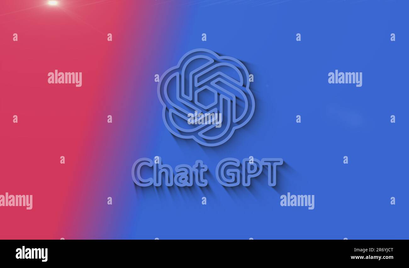 Posen, Polen, 10. Juni 2023: ChatGPT Open ai Chat bot-Symbol mit Schatten. Symbol für Cyber-Technologie Loopable und nahtlos abstraktes Konzept. 3D Licht und Stockfoto