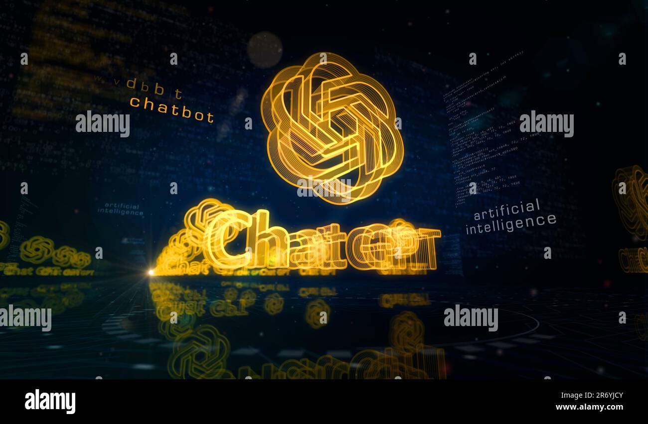 Posen, Polen, 10. Juni 2023: ChatGPT Open ai Chat bot Golden Metal Shine Symbol Konzept. Spektakuläres Leuchten und Reflexionslicht Symbol abstraktes Objekt Stockfoto