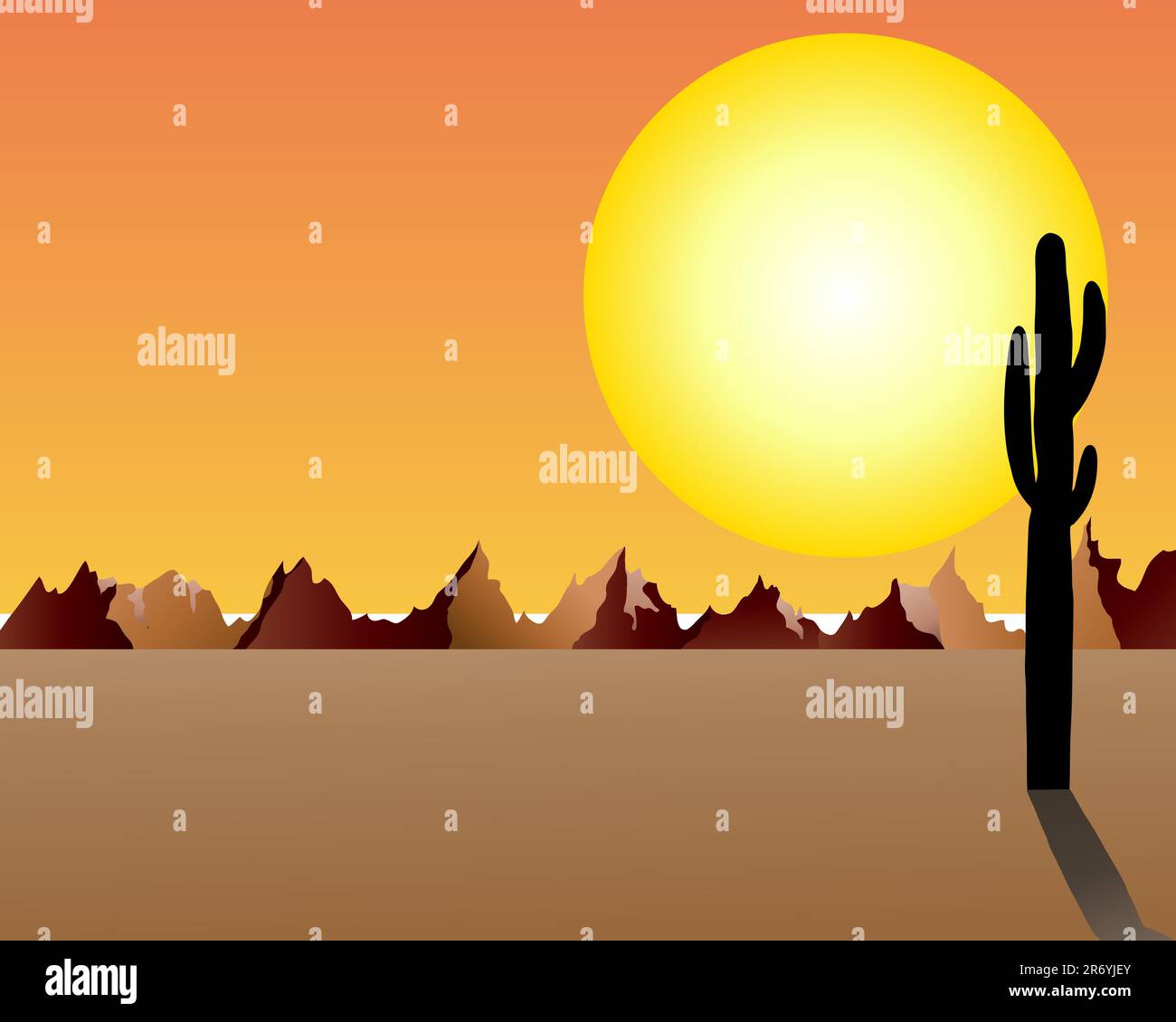 Wüste und Felsen unter Sonnenuntergang Hintergrund. Vektor-Illustration. Stock Vektor