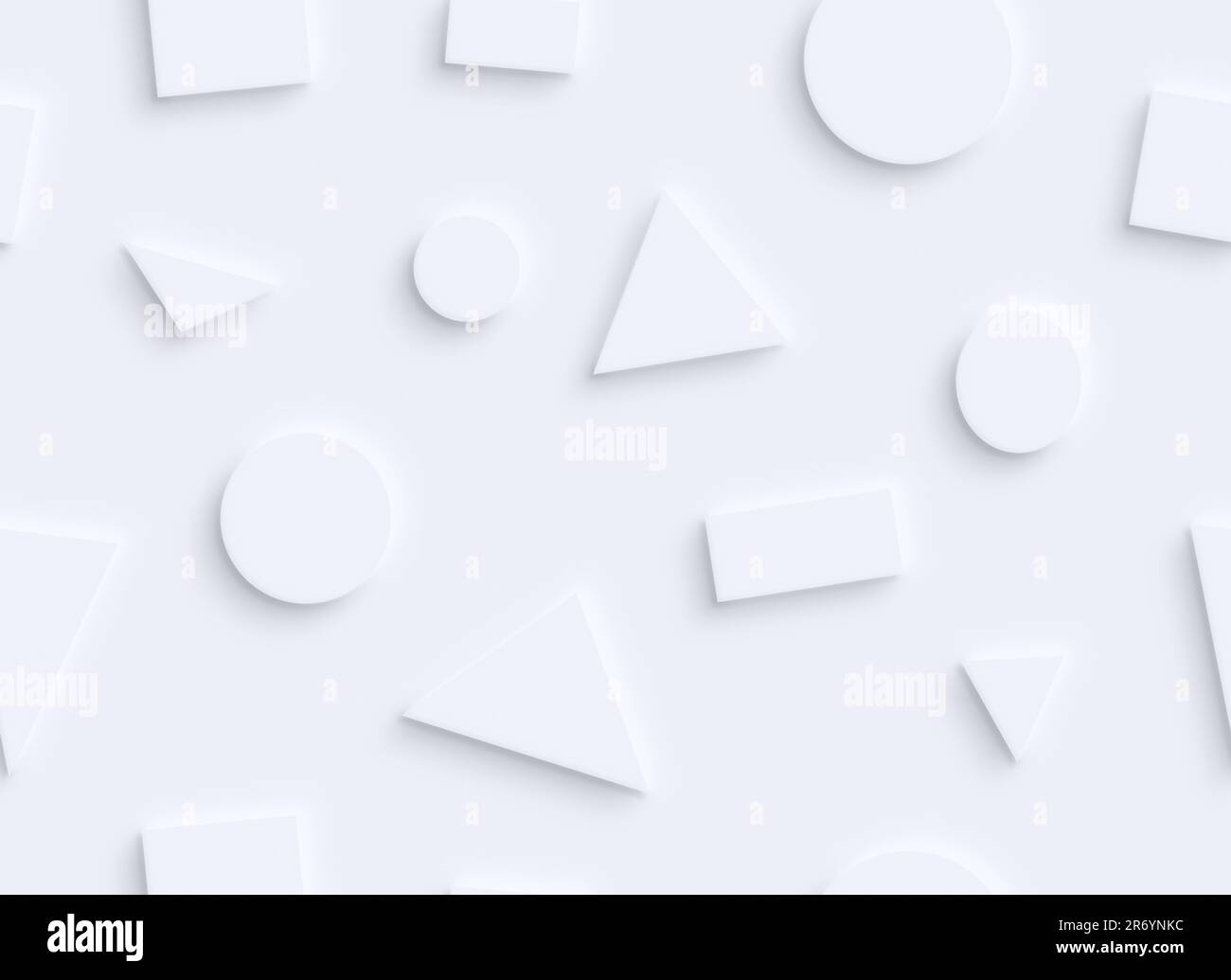 Viele weiße geometrische Formen (Kreise, Rechtecke und Dreiecke) auf Weiß mit Schatten- oder 3D-Effekt, nahtloses Muster. Abstrakter hochauflösender Hintergrund Stockfoto