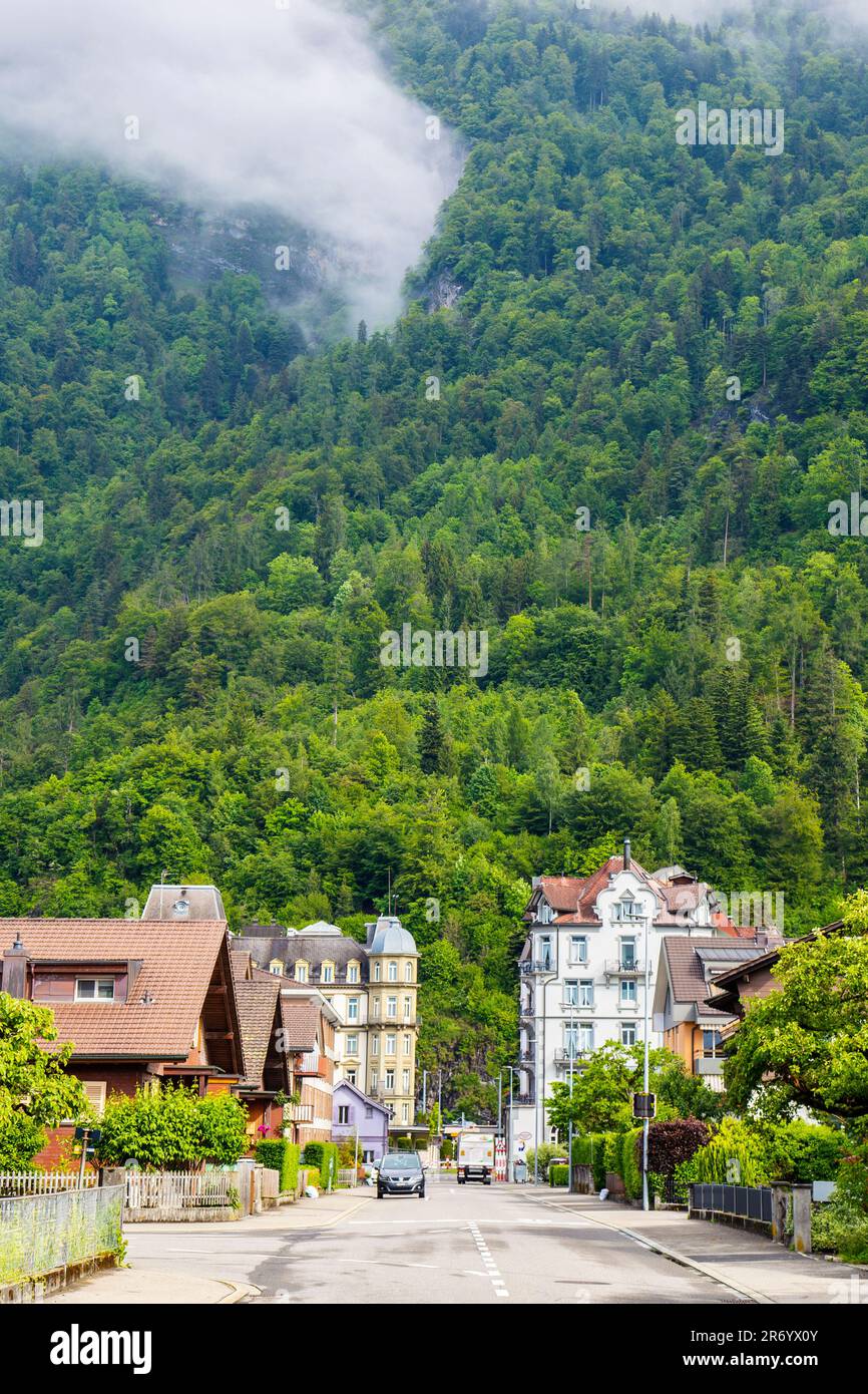 Häuser entlang der Jungfraustraße mit Bergausläufern bedeckt mit Wäldern, Interlaken, Schweiz Stockfoto