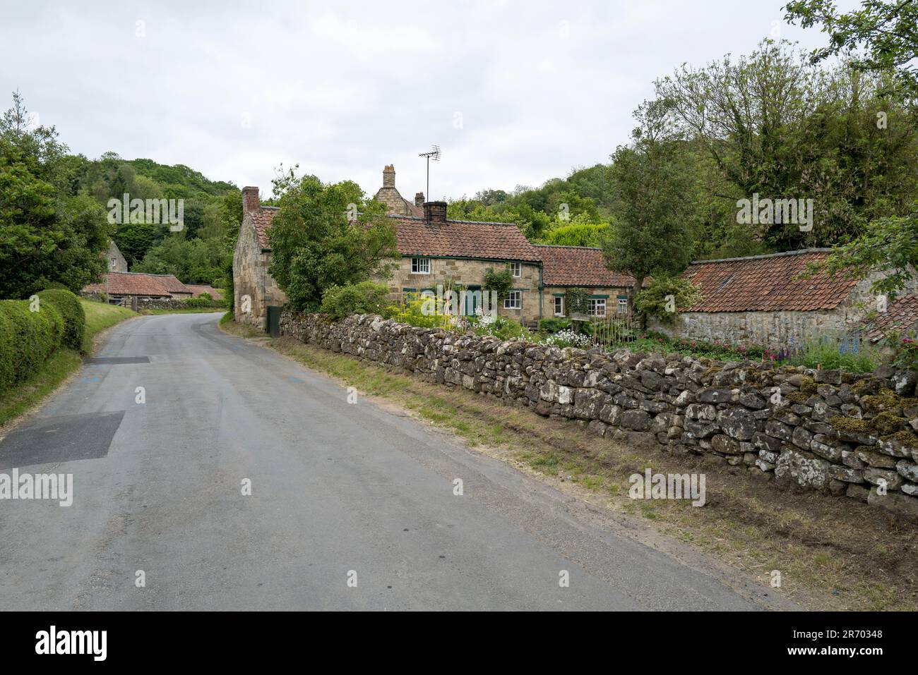 Rievaulx Abbey und Village Stockfoto