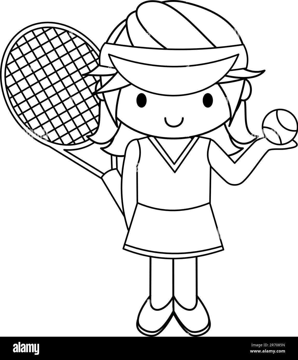 Schwarz-Weiß-Illustration eines Mädchens mit Tennisschläger und Ball Stock Vektor