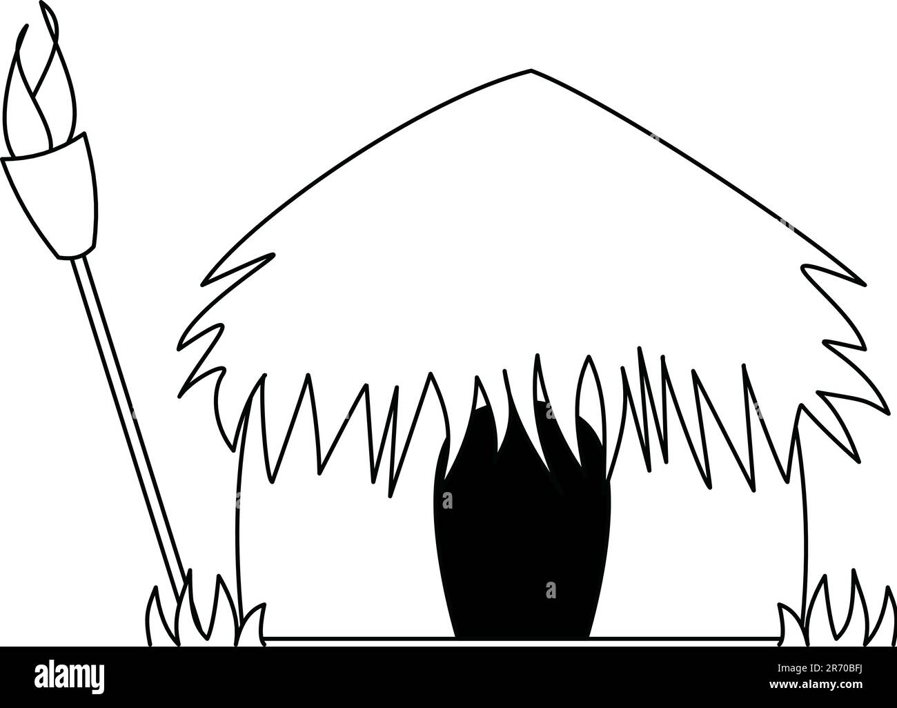 Schwarz-Weiß-Illustration einer tropischen hawaiianischen Grashütte Stock Vektor