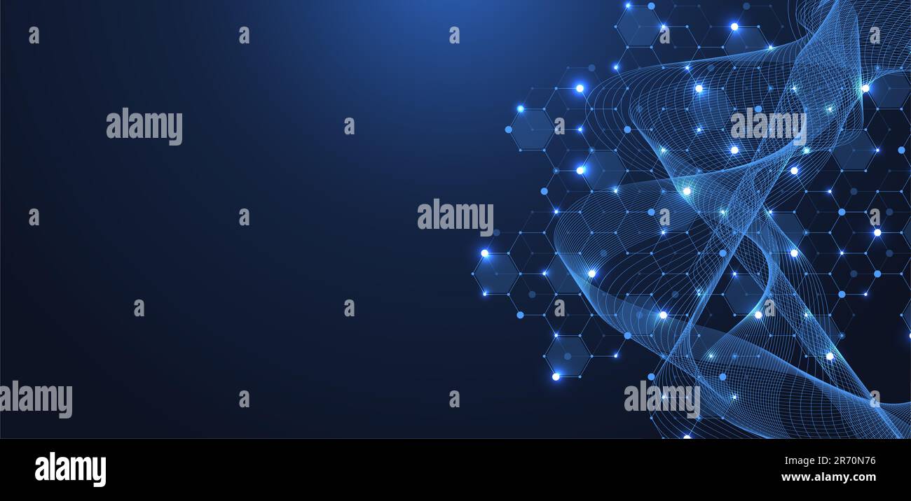 Moderner abstrakter wissenschaftlicher Hintergrund mit sechseckigen Formen, Linien und Punkten. Innovatives Konzeptdesign mit Sechsecken und Wellenfluss. Molekularstruktur Stockfoto