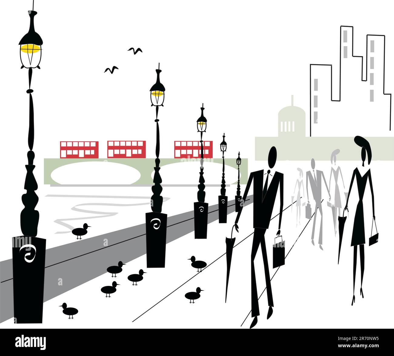 Vektordarstellung von Menschen mit Regenschirmen, die entlang des Embankment in London, England spazieren. Stock Vektor