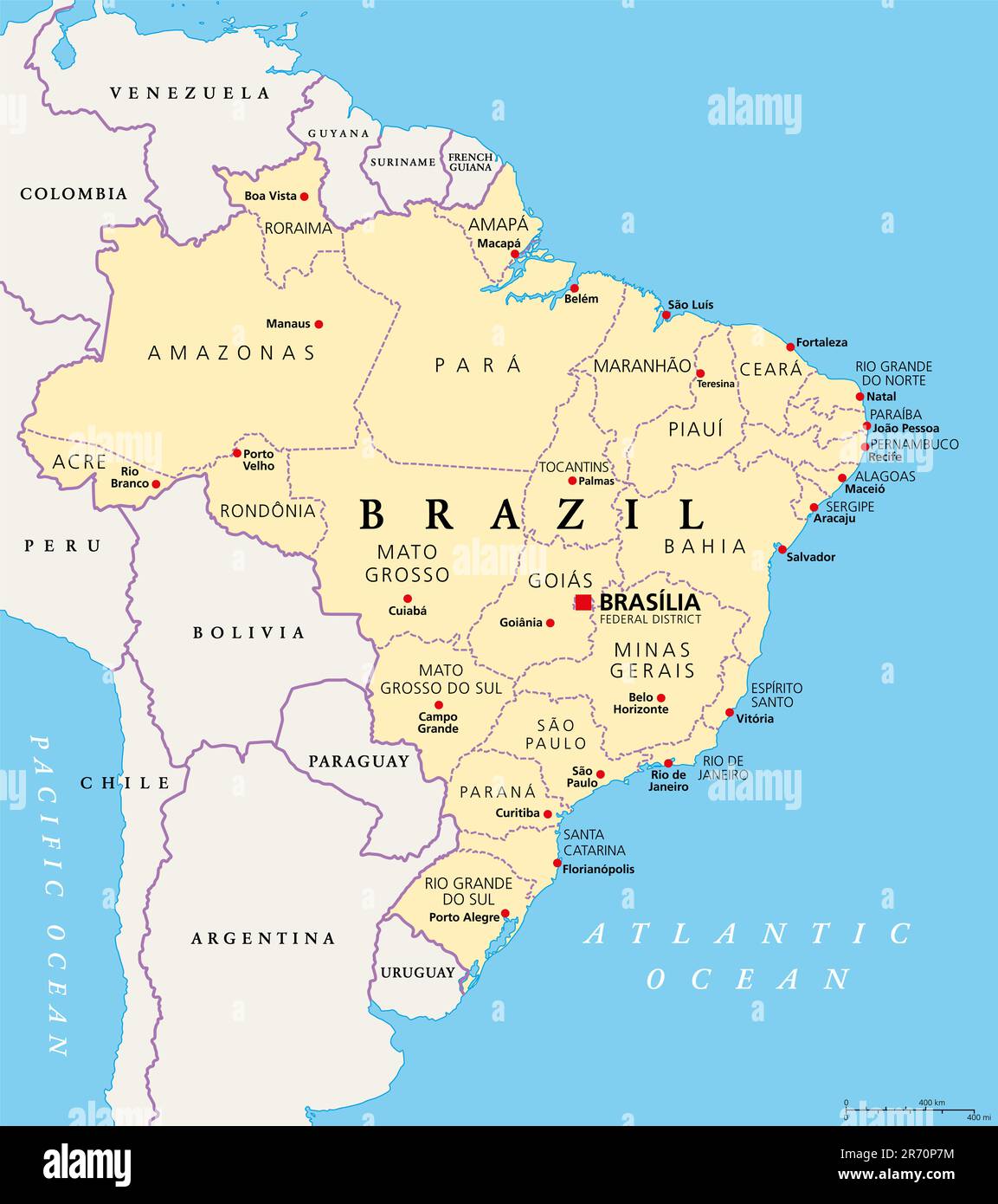 Staaten von Brasilien, politische Karte. Föderative Einheiten mit Grenzen und Hauptstädten. Subnationale Einrichtungen mit einem gewissen Grad an Autonomie. Stockfoto