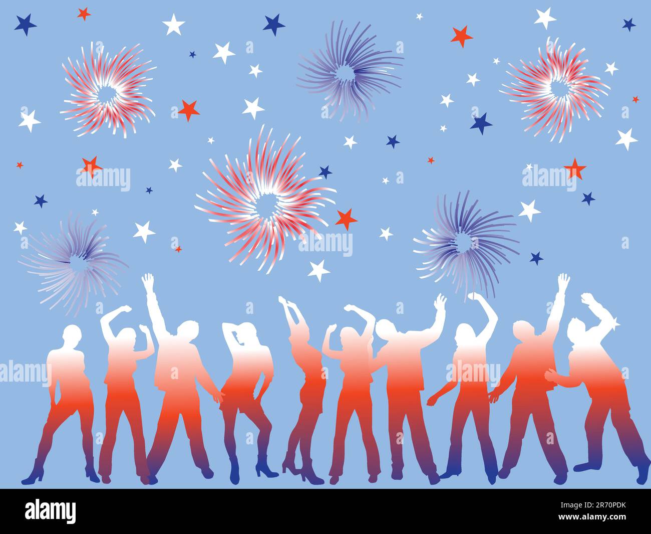 vector EPS10-Darstellung von tanzenden Silhouetten unter Feuerwerk und Sternen Stock Vektor