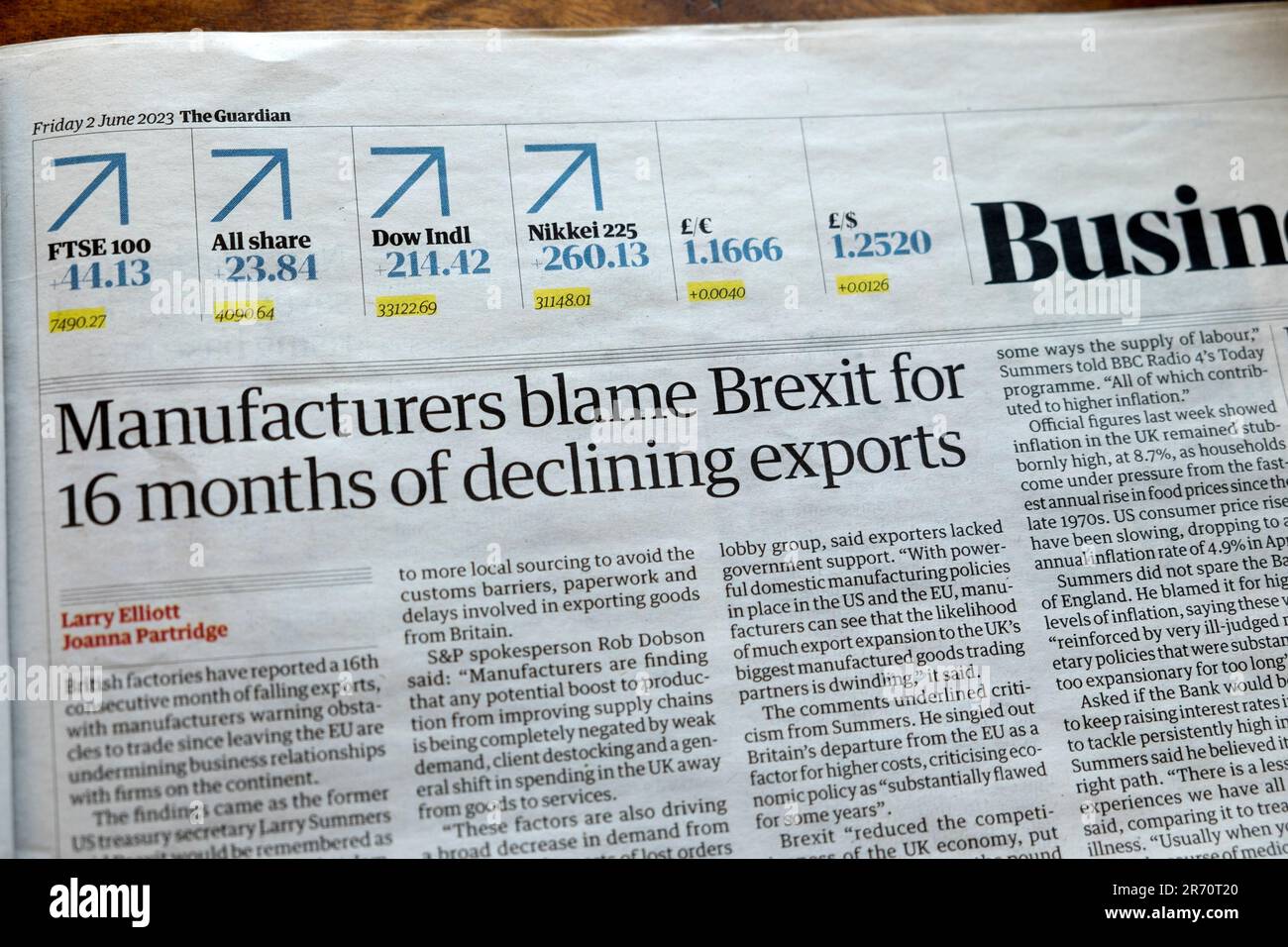 „Hersteller geben dem Brexit die Schuld für 16 Monate rückläufiger Exporte“, Artikel der Zeitung Guardian, 3. Juni 3 Juni 2023 in London, England, Großbritannien Stockfoto