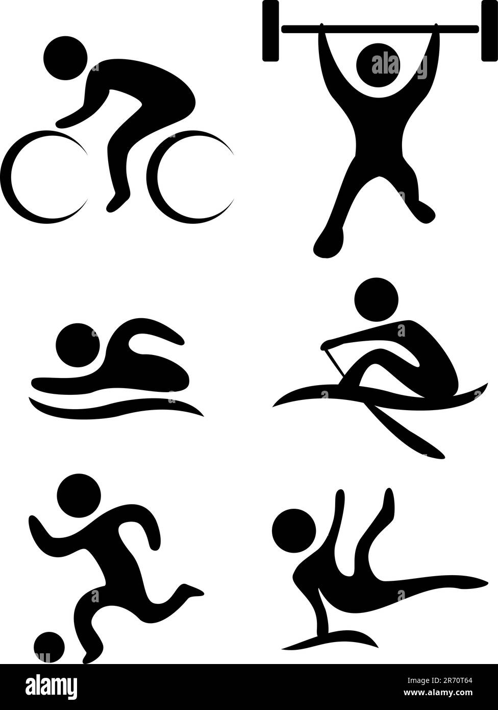 symbole für vektorsportarten: Fahrrad, Gewichtheben, Schwimmen, Fußball, Gymnastik, Rudern Stock Vektor