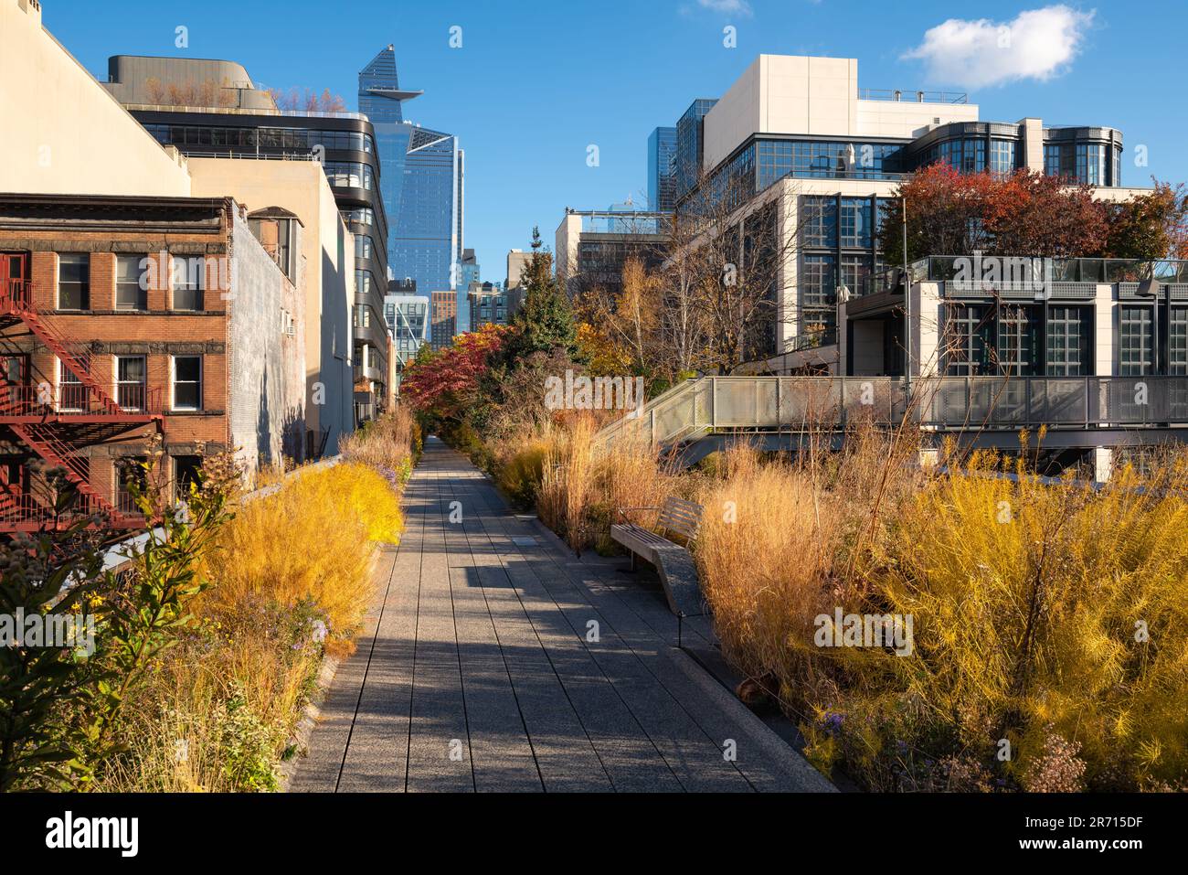 Die High Line Park Promenade im Herzen von Chelsea, Manhattan im Herbst. Erhöhter Grünweg mit Blick auf die Wolkenkratzer von Hudson Yards. In New York City Stockfoto