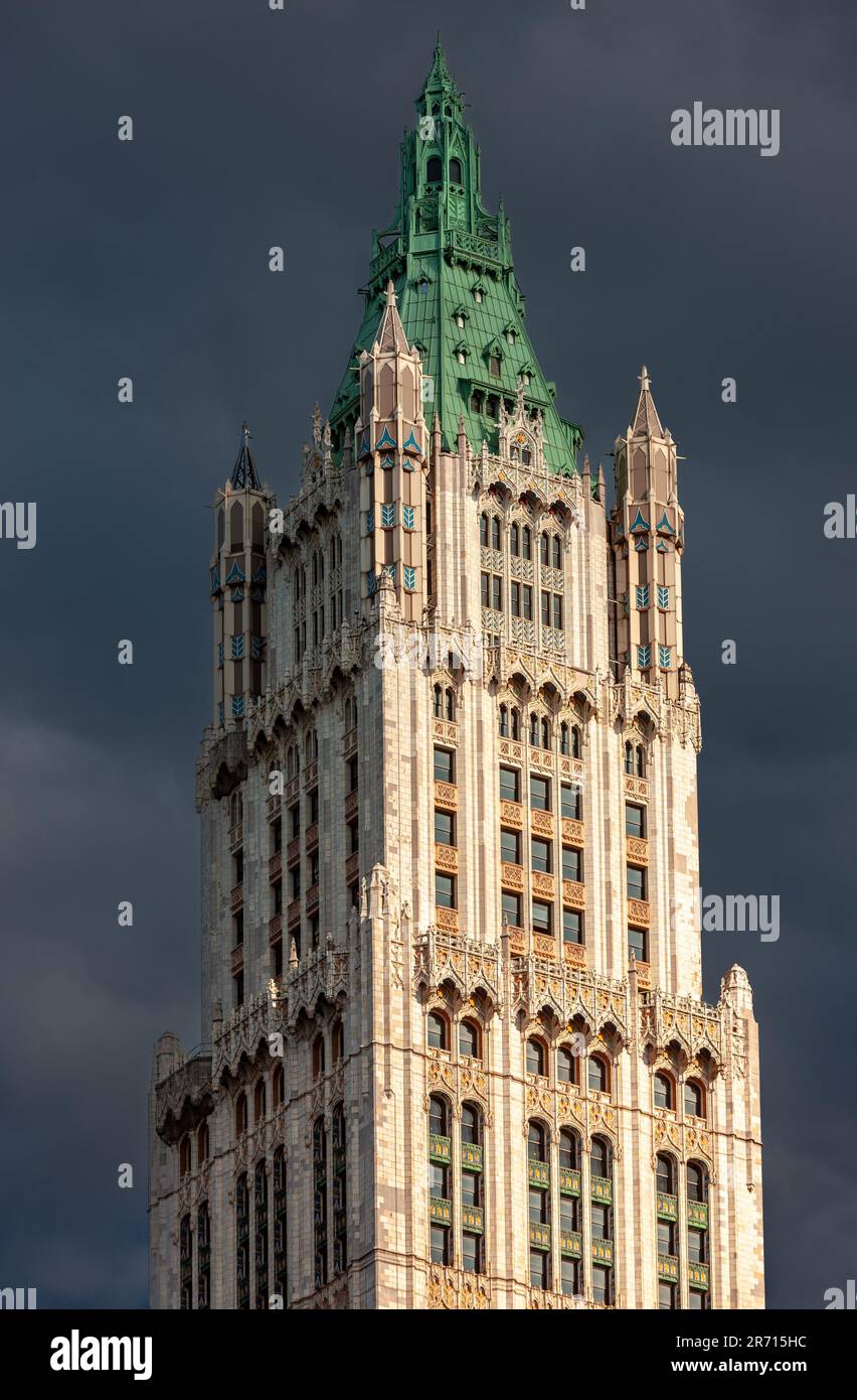 Woolworth Building, neogotische architektonische Details der Fassade. Lower Manhattan, New York City Stockfoto