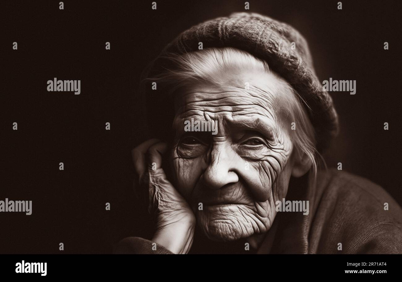 Ein Porträt einer alten, kranken und müden Frau in dunklem Ton. Ein tragisches Porträt einer alten Frau. Foto in Sepiatönung Stockfoto