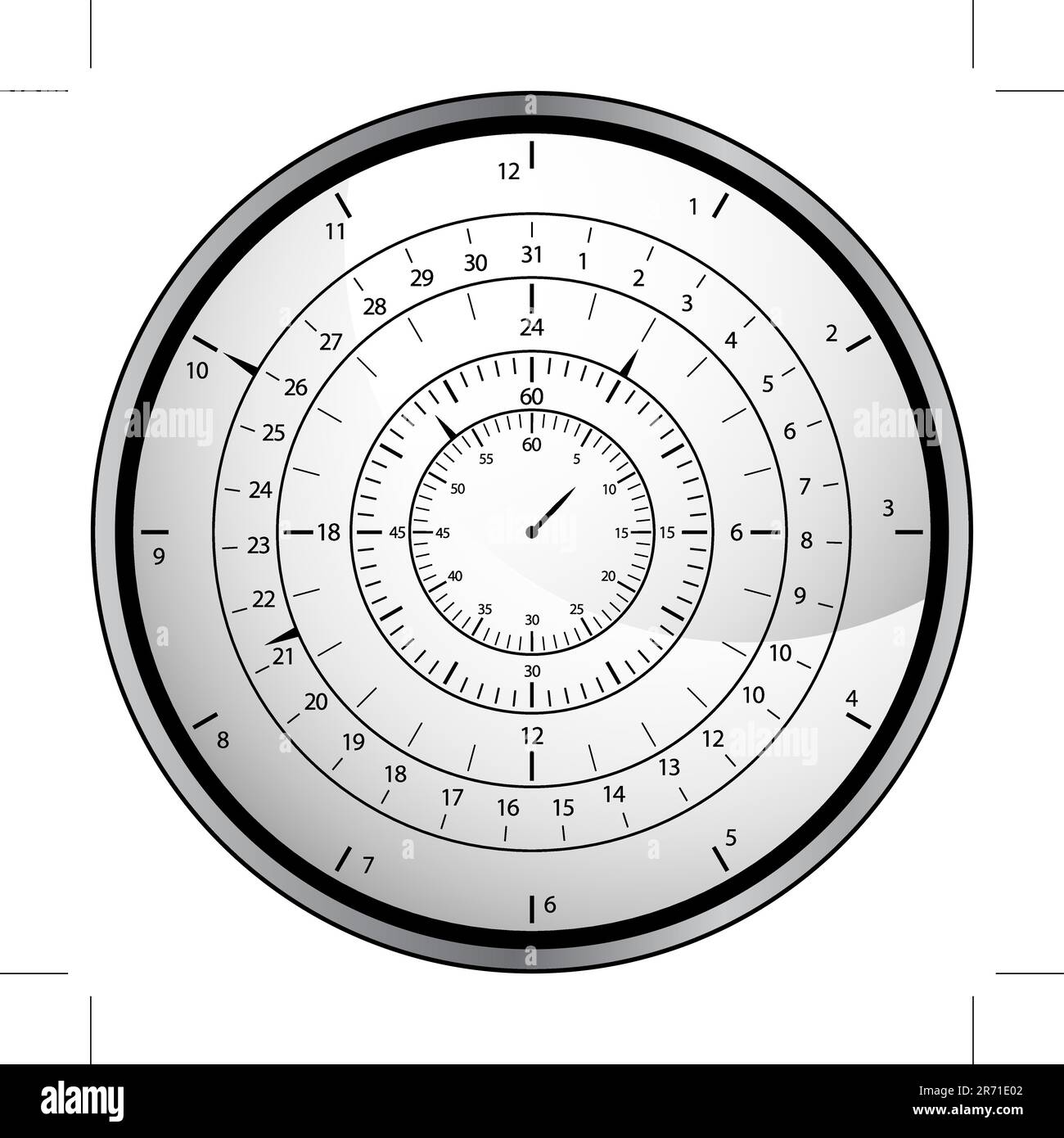 Ein Bild einer Uhr mit Monat, Tag, Stunde, Minute und Sekunden. Stock Vektor