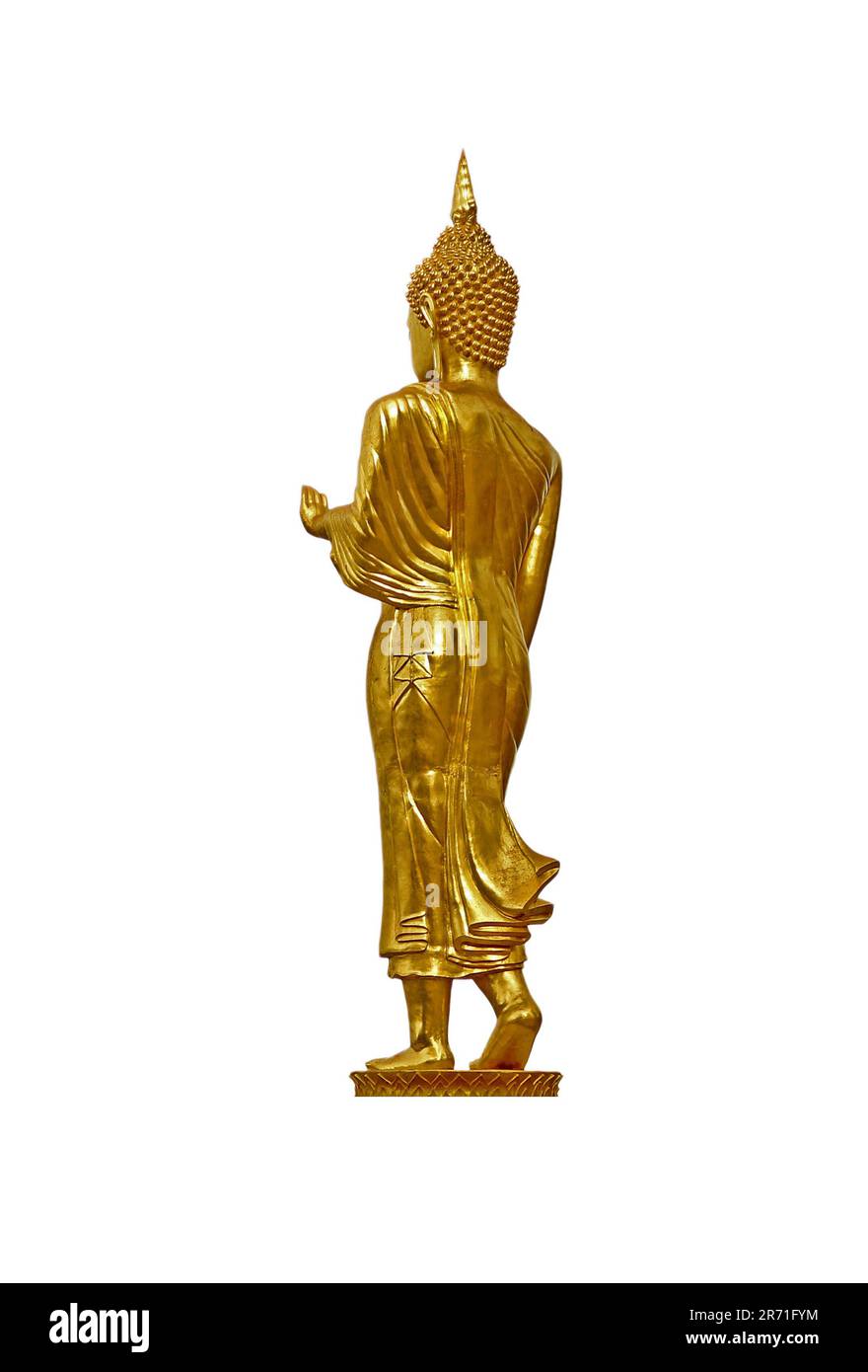 Wunderschönes goldenes Buddha-Bild in wachsamer Haltung isoliert auf weißem Hintergrund Stockfoto