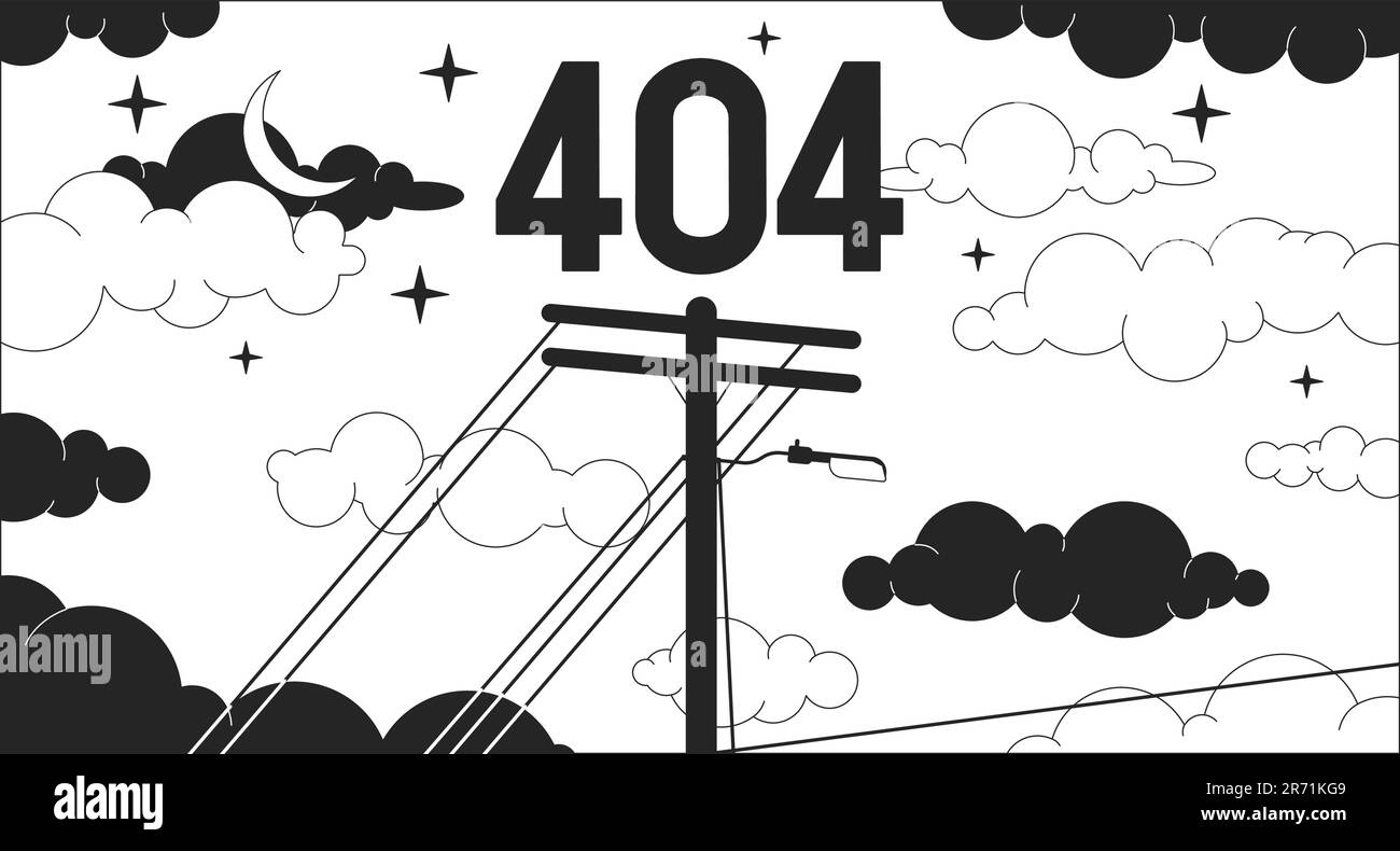 Strommasten am verträumten Nachthimmel schwarz weiß Fehler 404 Flash-Meldung Stock Vektor