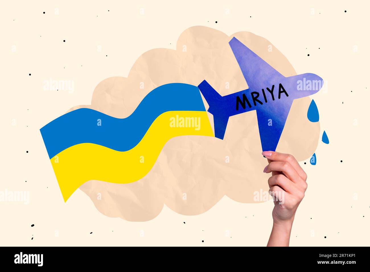 Kunstmagazin Collage Bild von Arm halten ukrainische mriya zerstörte isolierten Flugzeughintergrund Stockfoto