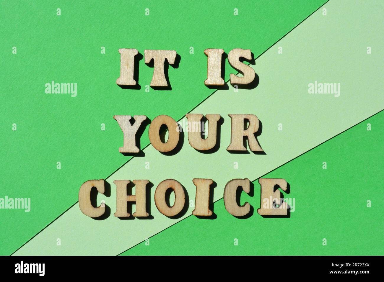 Es ist Ihre Wahl, Wörter in hölzernen Buchstaben isoliert auf grünem Hintergrund Stockfoto