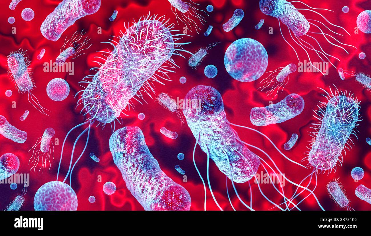 Bakterienausbruch und bakterieller Infektionshintergrund als gefährliche Bakteriologie Keimstammpandemie als medizinisches Gesundheitsrisiko von Krankheitserregern Konzept Stockfoto