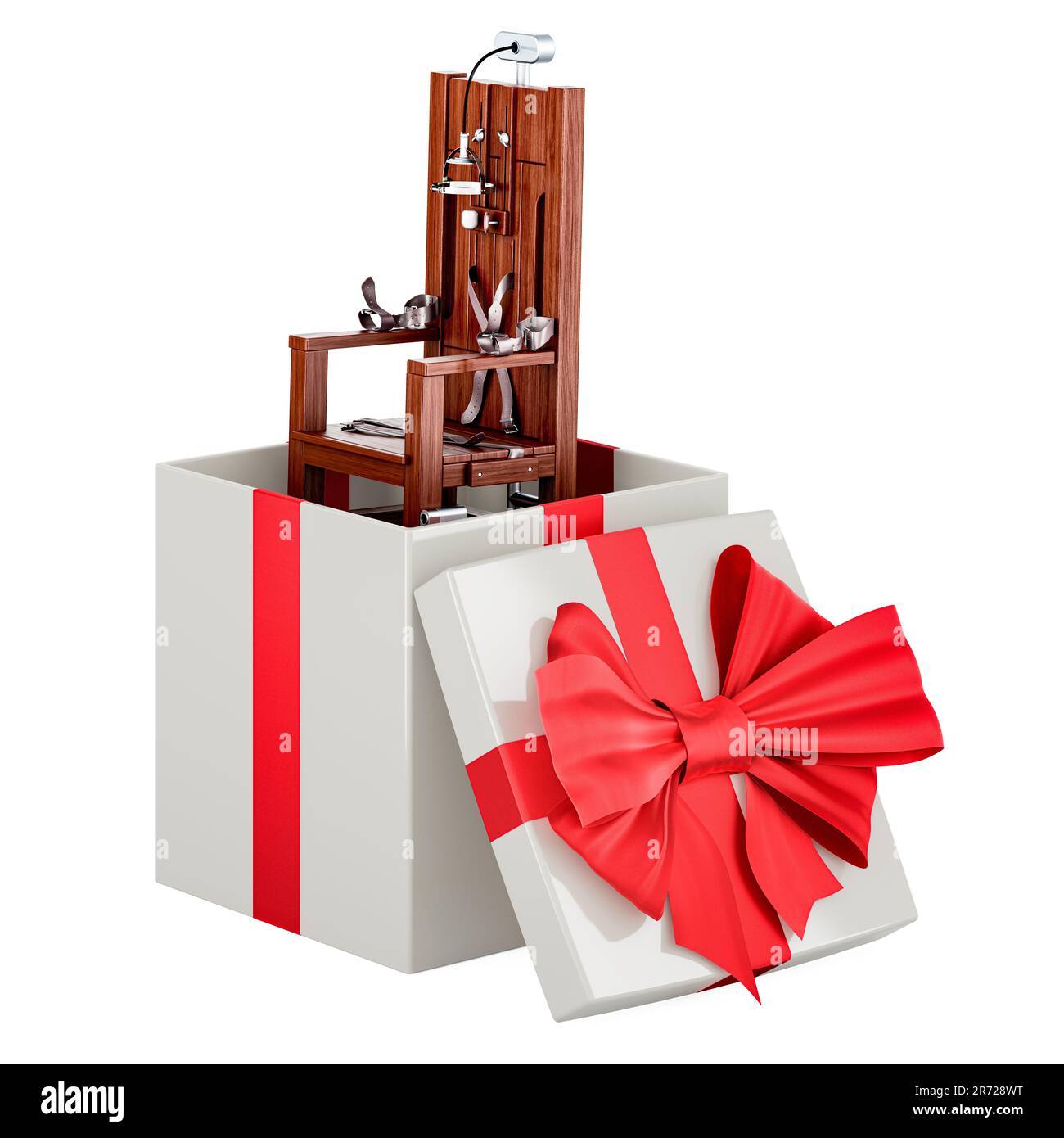 Elektrischer Stuhl in der Geschenkbox, 3D-Rendering isoliert auf weißem Hintergrund Stockfoto