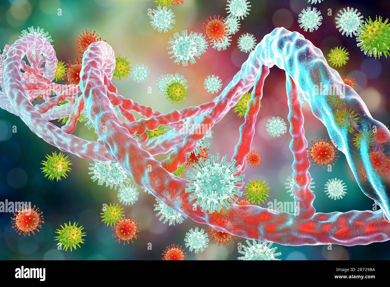 Konzeptionelles Bild zur Interaktion zwischen Viren und Wirtszellen-DNA. Die Intergation von Viren in die DNA ist der entscheidende Schritt in der Onkogenese. Mehrere Viren, s Stockfoto