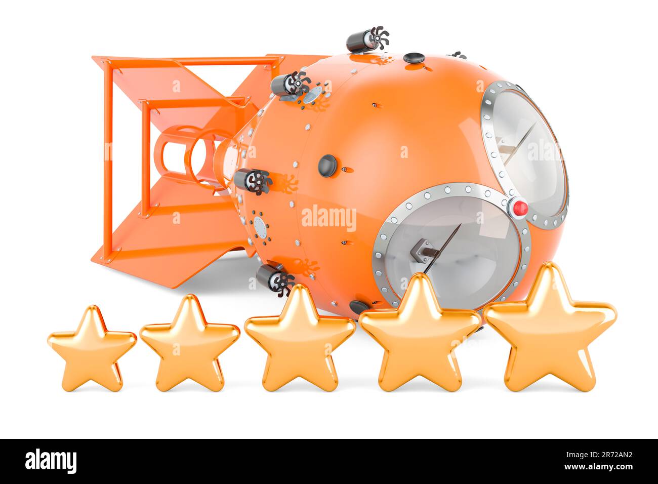 Atombombe, Atomwaffe mit fünf goldenen Sternen. 3D-Rendering auf weißem Hintergrund isoliert Stockfoto