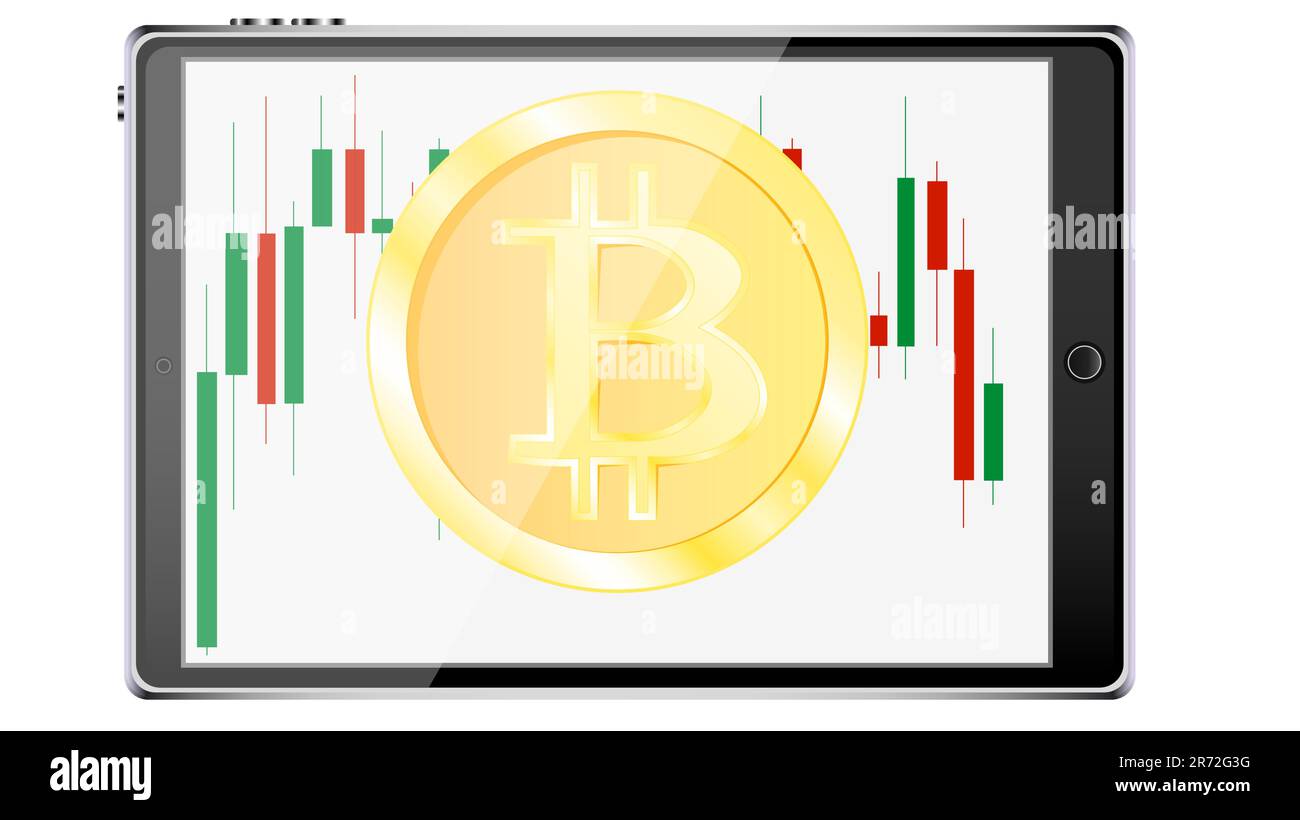 Ein realistischer, intelligenter Tablet-Computer mit einem Wechseldiagramm  der Preisänderungen mit einer Bitcoin-Münze, einer Kryptowährung in Form  von japanischen Kerzen auf dem Stock-Vektorgrafik - Alamy