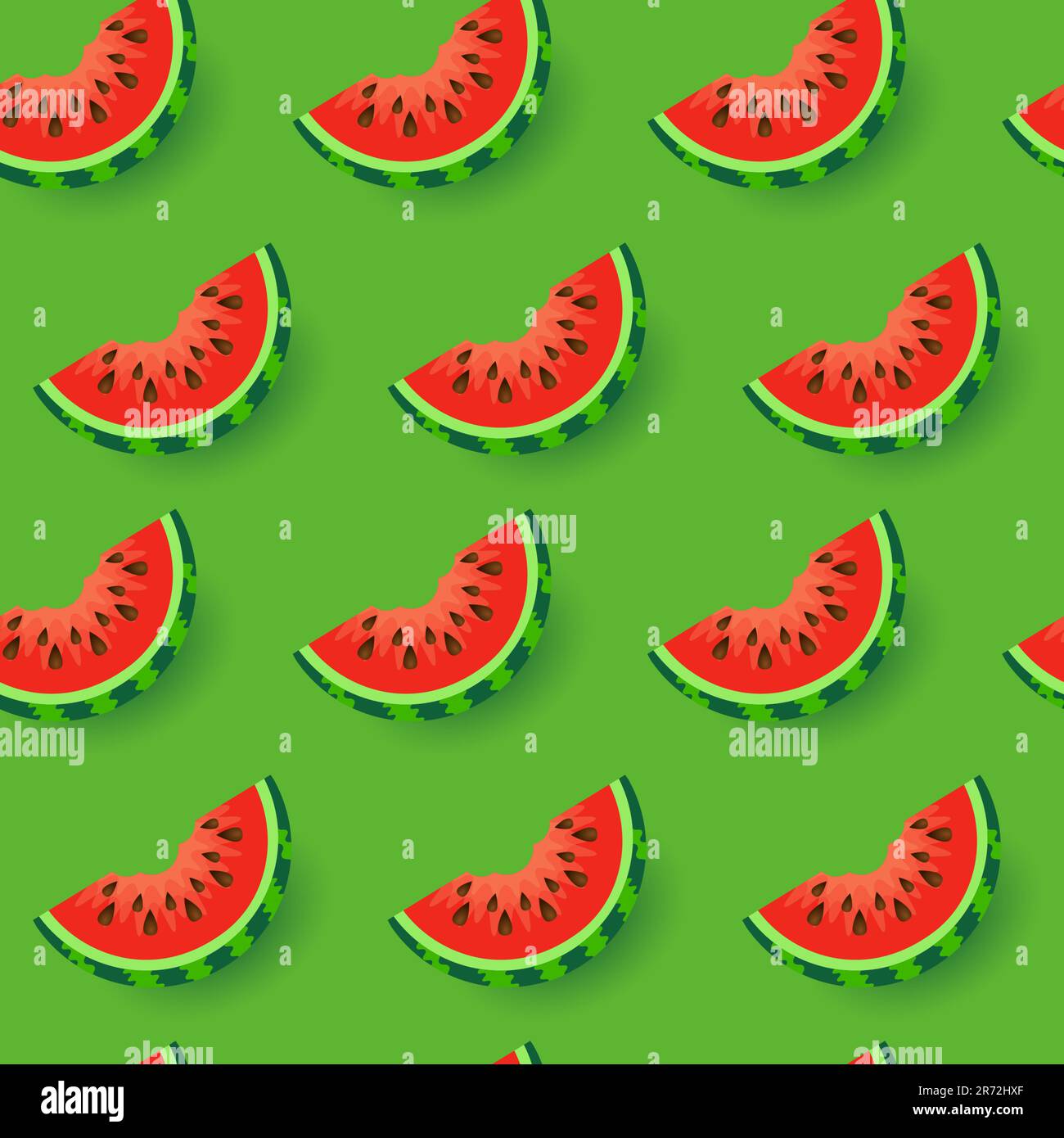 Grüner Hintergrund mit 3D nahtlosen Mustern und Wassermelonenschnitten für Essen, Natur, Sommerurlaub. Stock Vektor