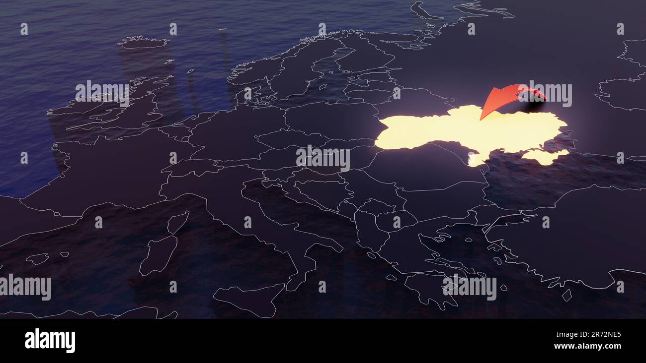 Ukraine-Russland-Krise. 3D-Rendering-Darstellung Dark Blue Karte von Europa mit Ukraine in gelber Hellfarbe und rotem Pfeil, der von Russland zeigt. Geopol Stockfoto