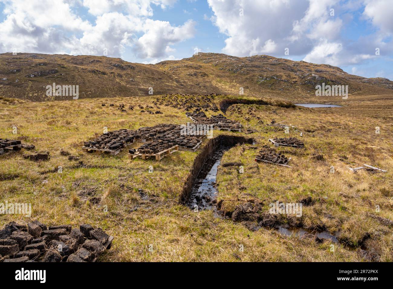 Torfzerspanung für Brennstoff auf der Insel Lewis. Stockfoto