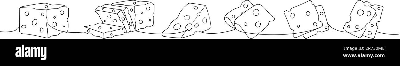Käseprodukte, durchgehende Zeichnung mit einer Linie. Darstellung verschiedener Käsesorten mit einer durchgehenden Linie. Minimalistische lineare Vektordarstellung. Stock Vektor