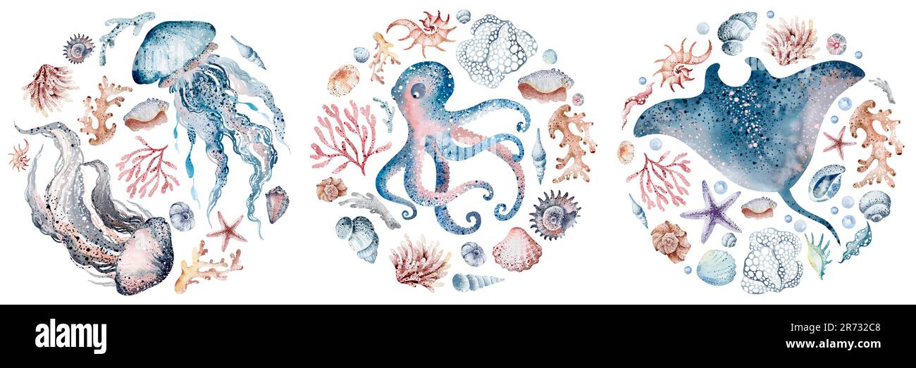 Aquarelle Illustrationen von Meerestieren Tintenfisch, Seepferdchen, Krabben, Seesterne, Quallen. Das Meeresleben in einer runden Illustration. Postkarte, Aufkleber, s entwerfen Stockfoto