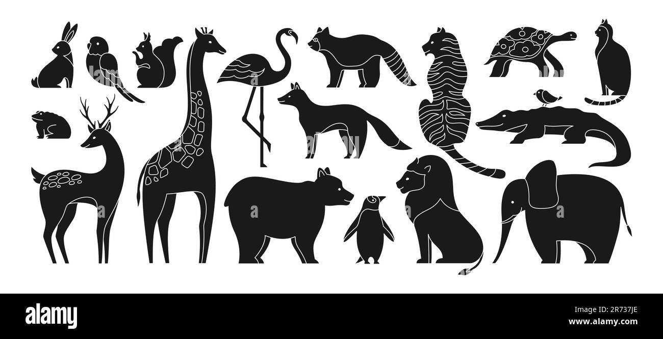 Tiergravierungs-Set. Süßes Papageienhörnchen, Frosch, Giraffe. Panda und Bärenpinguin. Figuren für Säugetiere, die Ihr Baby entwerfen kann. Hirschkatzenschildkröte Fuchs Löwe Tiger Vektordruck Stempel Dschungel Kollektion Stock Vektor
