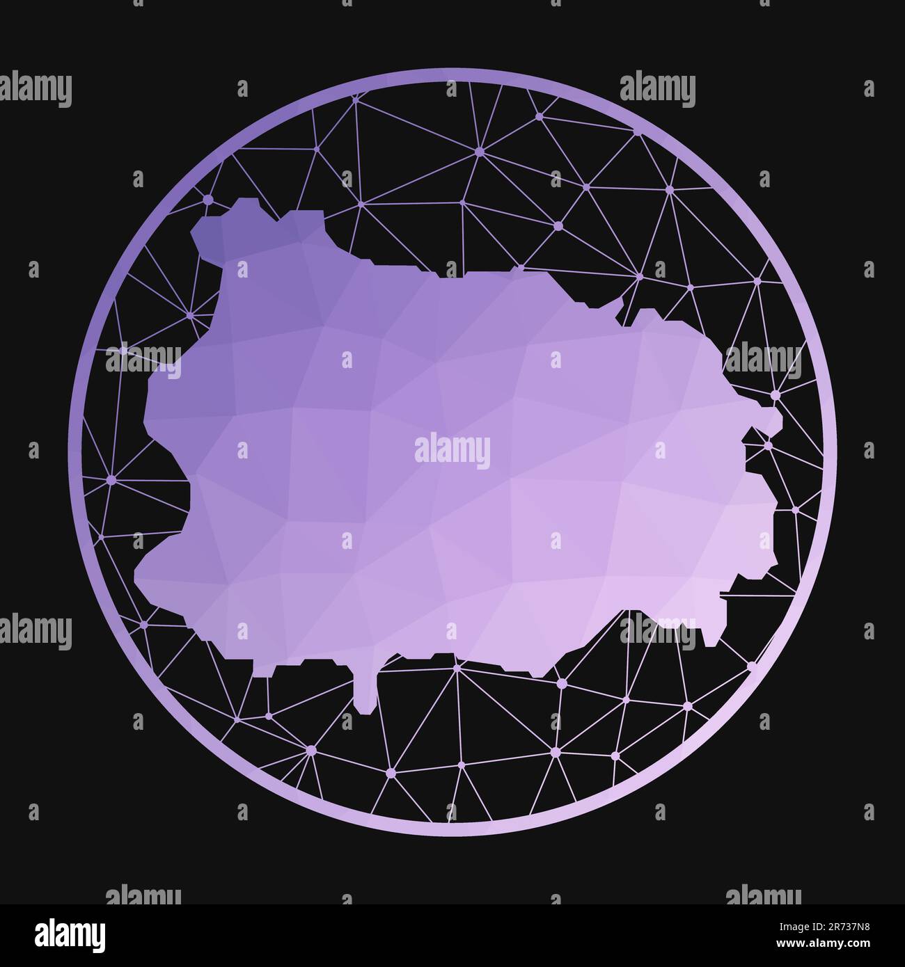Ischia-Symbol. Polygonale Vektorkarte der Insel. Ischia-Ikone im geometrischen Stil. Die Inselkarte mit violettem, niedrigem polyvalenten Verlauf auf dunklem Hintergrund. Stock Vektor