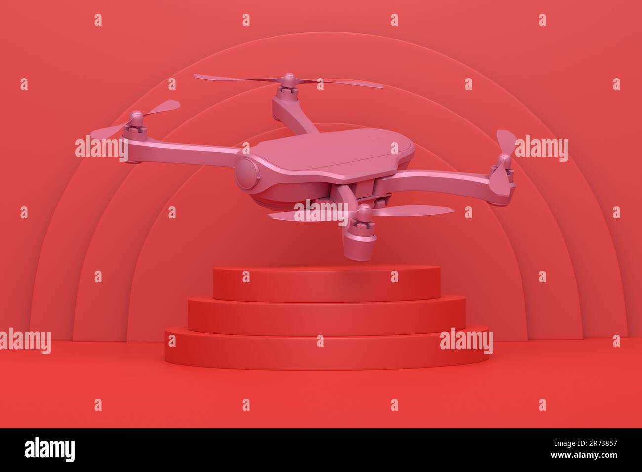 Abstrakte Szene oder Podium mit Drohne oder Quad-Hubschrauber mit Action-Kamera auf einfarbigem Hintergrund. 3D-Rendering der Szene für Produktpräsentation Personal A Stockfoto