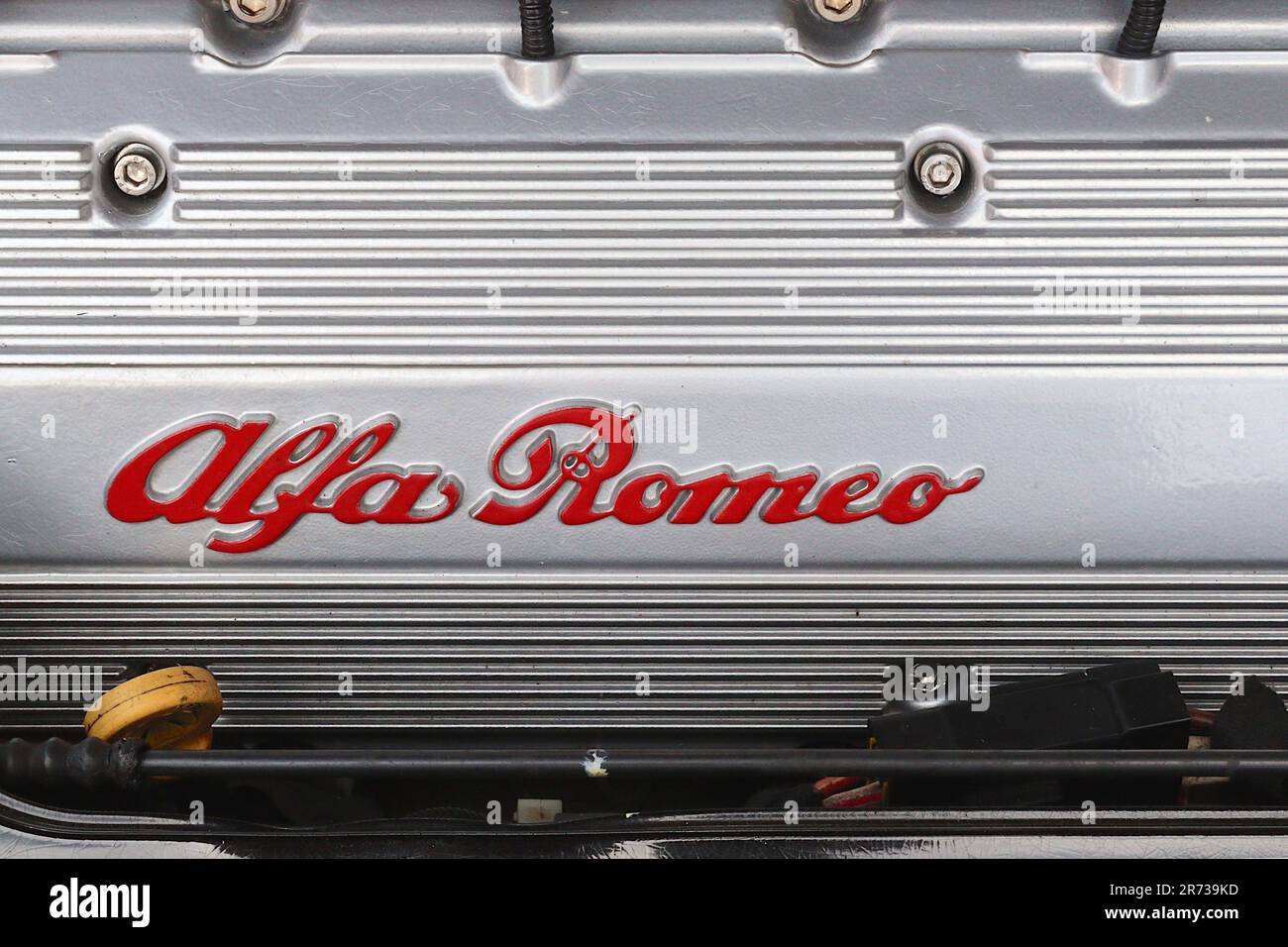 Alfa Romeo GTV Cup 3 Liter V6 unberührter Ventildeckel, visuell ein Kunstwerk und Maschinenbau, Mai 2023. Stockfoto