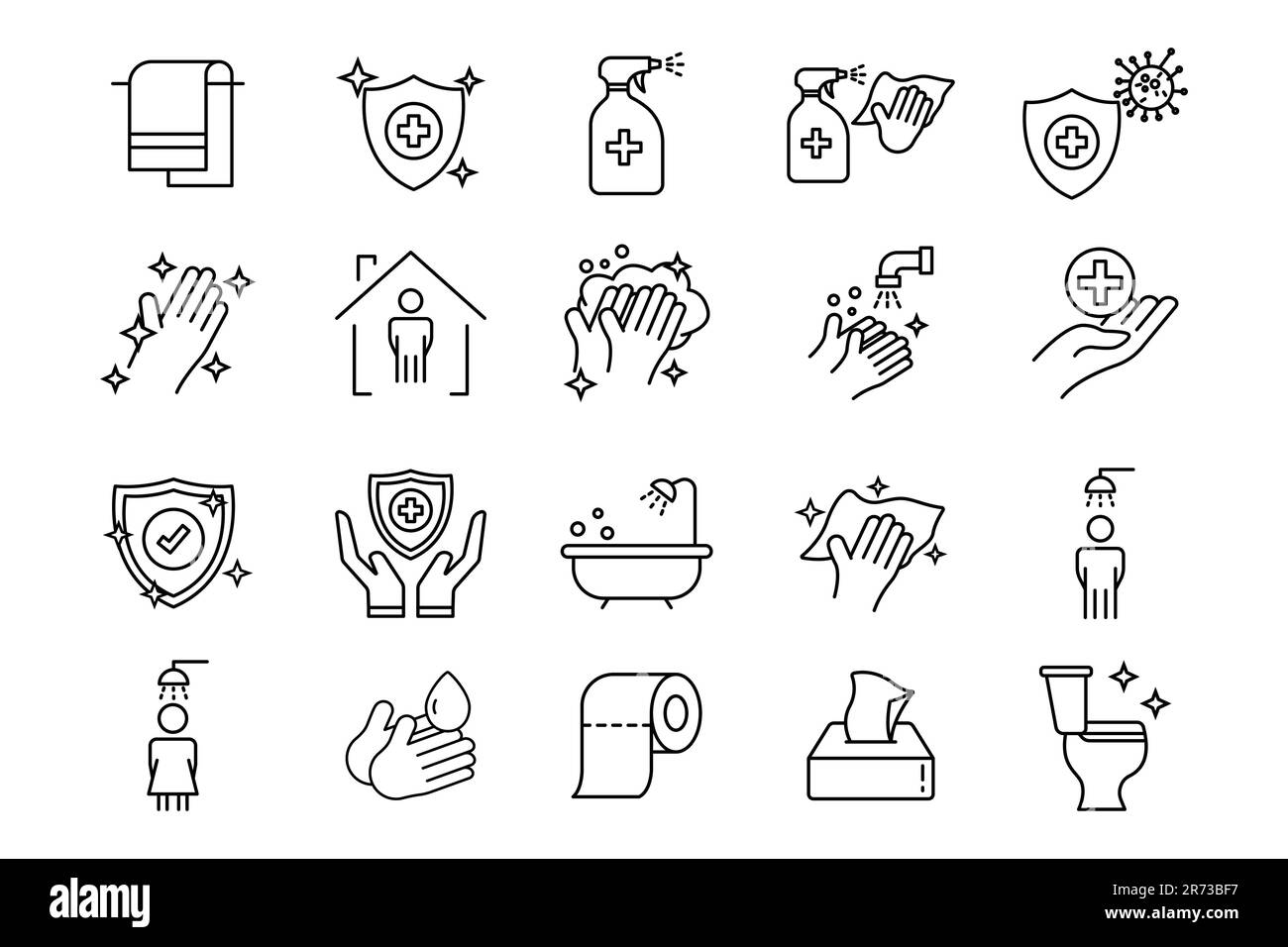Symbolsatz Hygiene. Umfasst Hygiene der Hände, Desinfektion, Händewaschen, Toilettenreinigung, Reinheitskonzept. Liniendesign. Einfacher Vektor d Stock Vektor Symbolsatz Hygiene. Umfasst Hygiene der Hände, Desinfektion, Händewaschen, Toilettenreinigung, Reinheitskonzept. Liniendesign. Einfacher Vektor d Stock Vektor