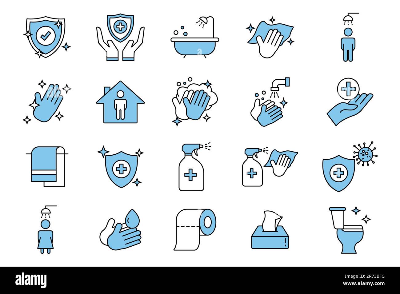 Symbolsatz Hygiene. Umfasst Hygiene der Hände, Desinfektion, Händewaschen, Toilettenreinigung, Reinheitskonzept. Zweifarbiges Icon-Design. Einfacher vect Stock Vektor