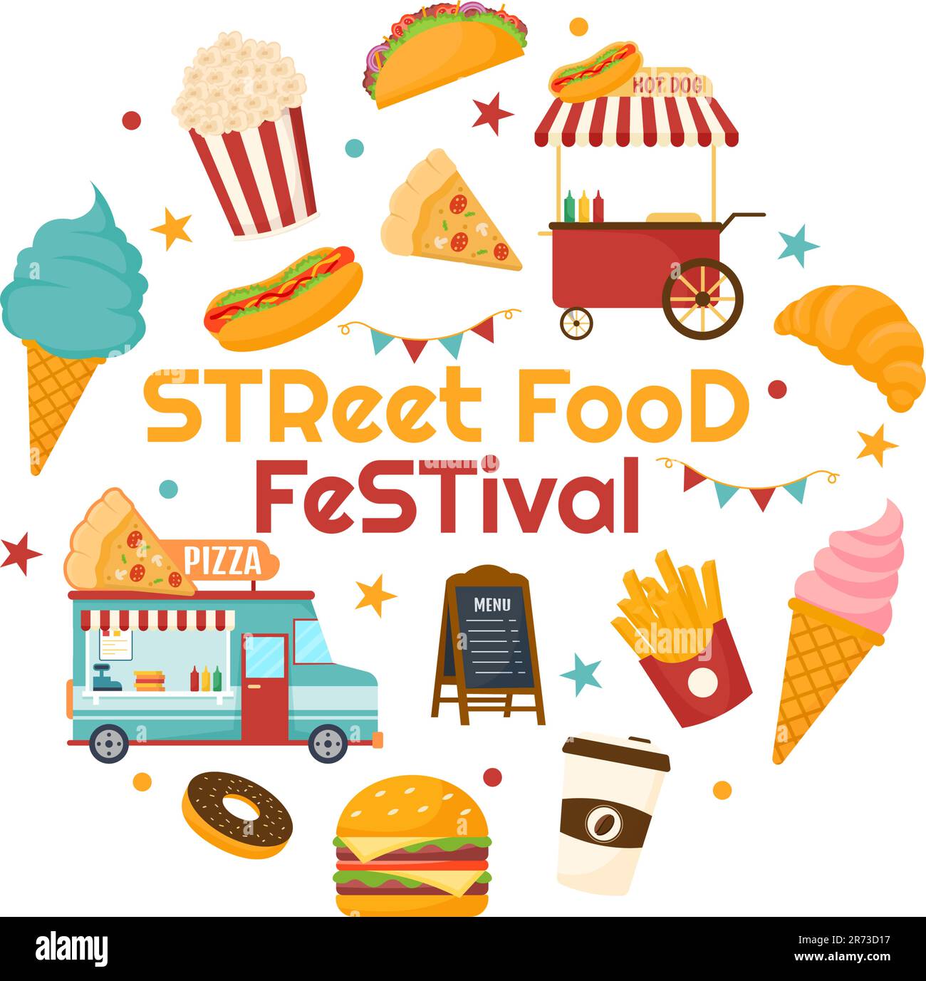 Street Food Festival Event Vector Illustration mit People and Foods Trucks im Summer Outdoor City Park in Flat Cartoon handgezeichnete Vorlagen Stock Vektor