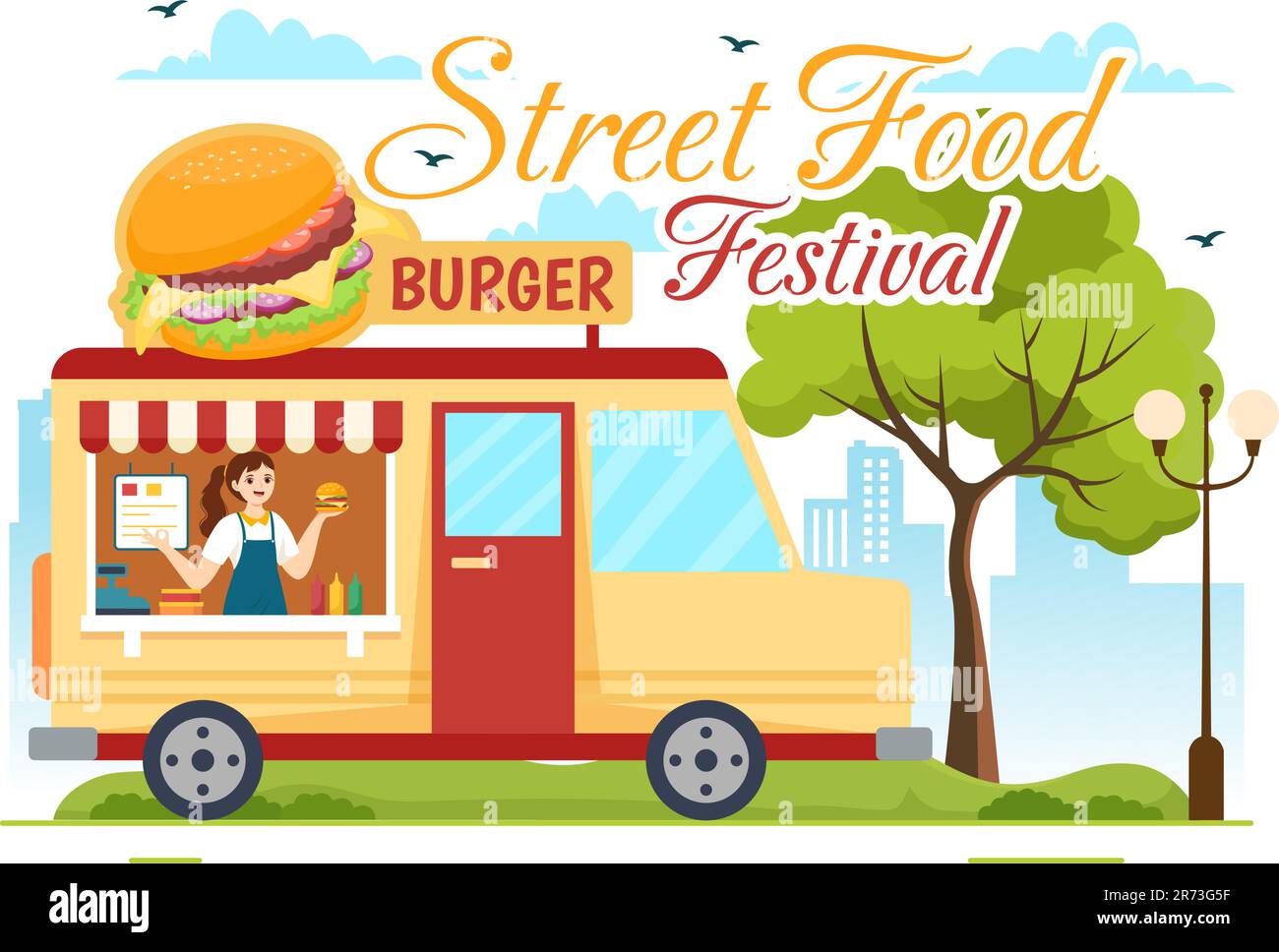Street Food Festival Event Vector Illustration mit People and Foods Trucks im Summer Outdoor City Park in Flat Cartoon handgezeichnete Vorlagen Stock Vektor