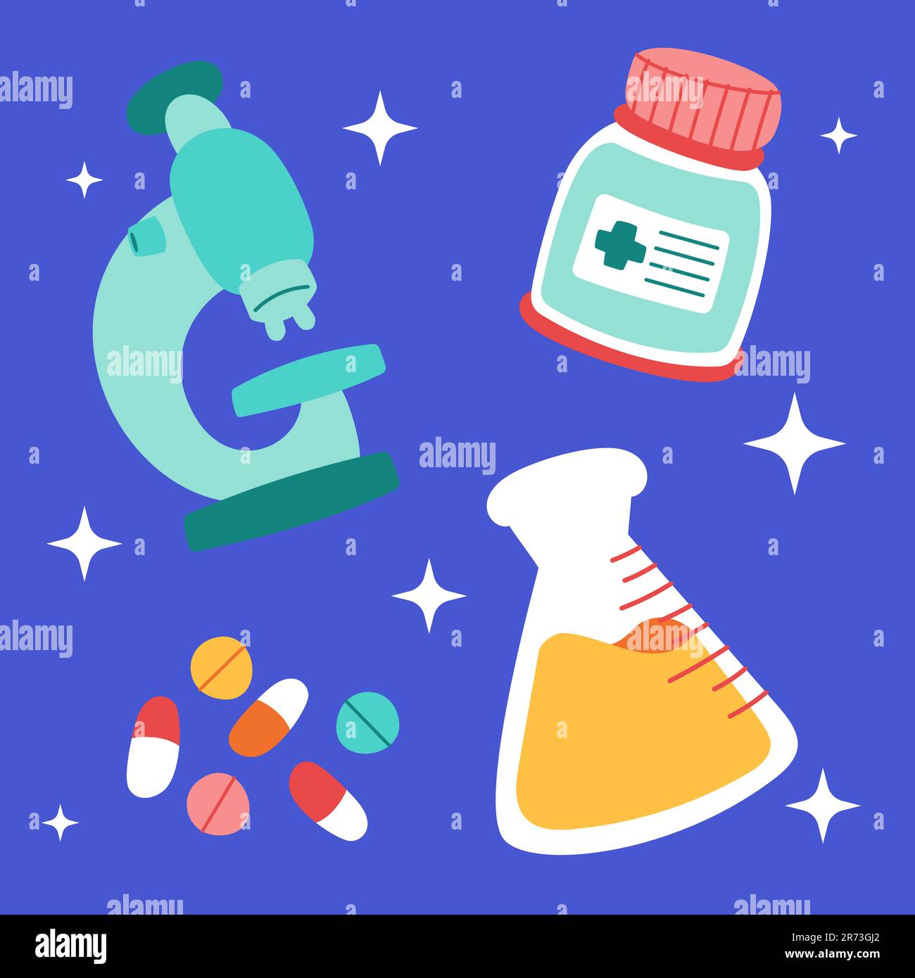 Süßes medizinisches Stickerset. Handgezogene Healthcare Cartoon Doodle Drug Mikroskop Tablettenkapsel. Ein Kindergartenblatt für die Klinik Stock Vektor