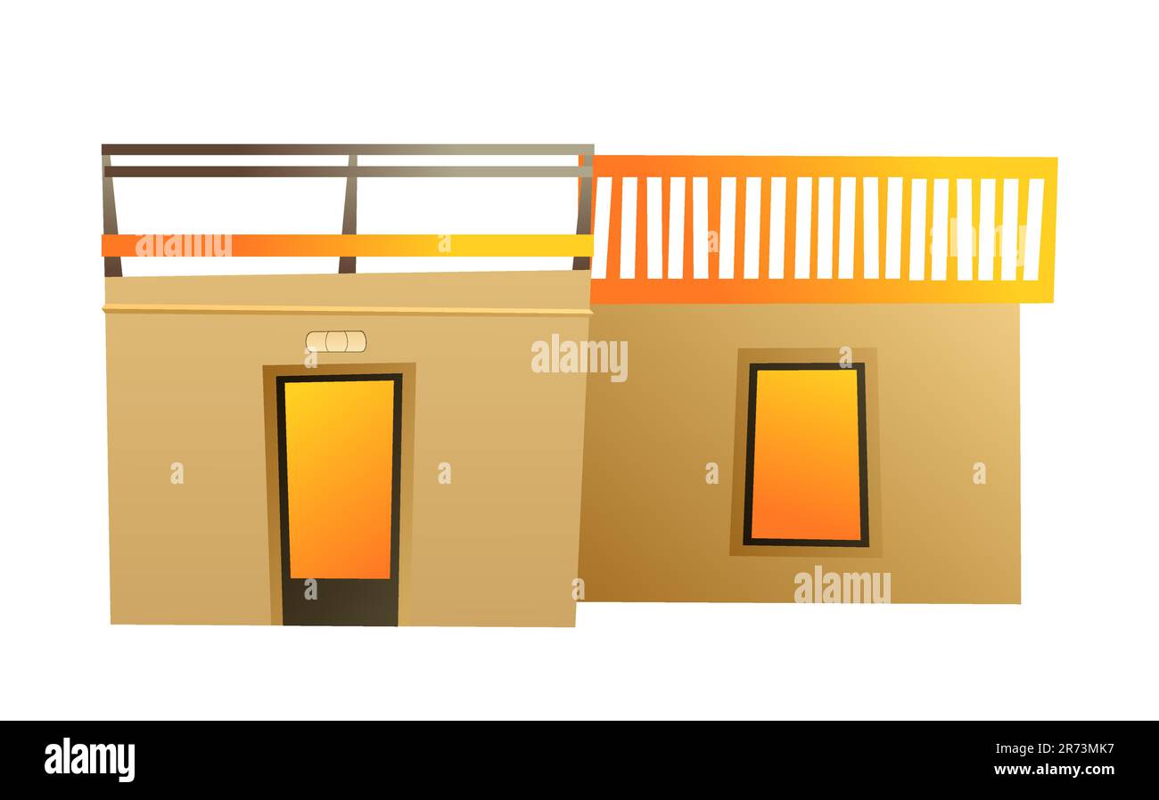 Das Haus ist wunderschön mit einer Plattform auf dem Dach. Lustiger Cartoon-Style. Isoliert auf weißem Hintergrund. Vektor Stock Vektor