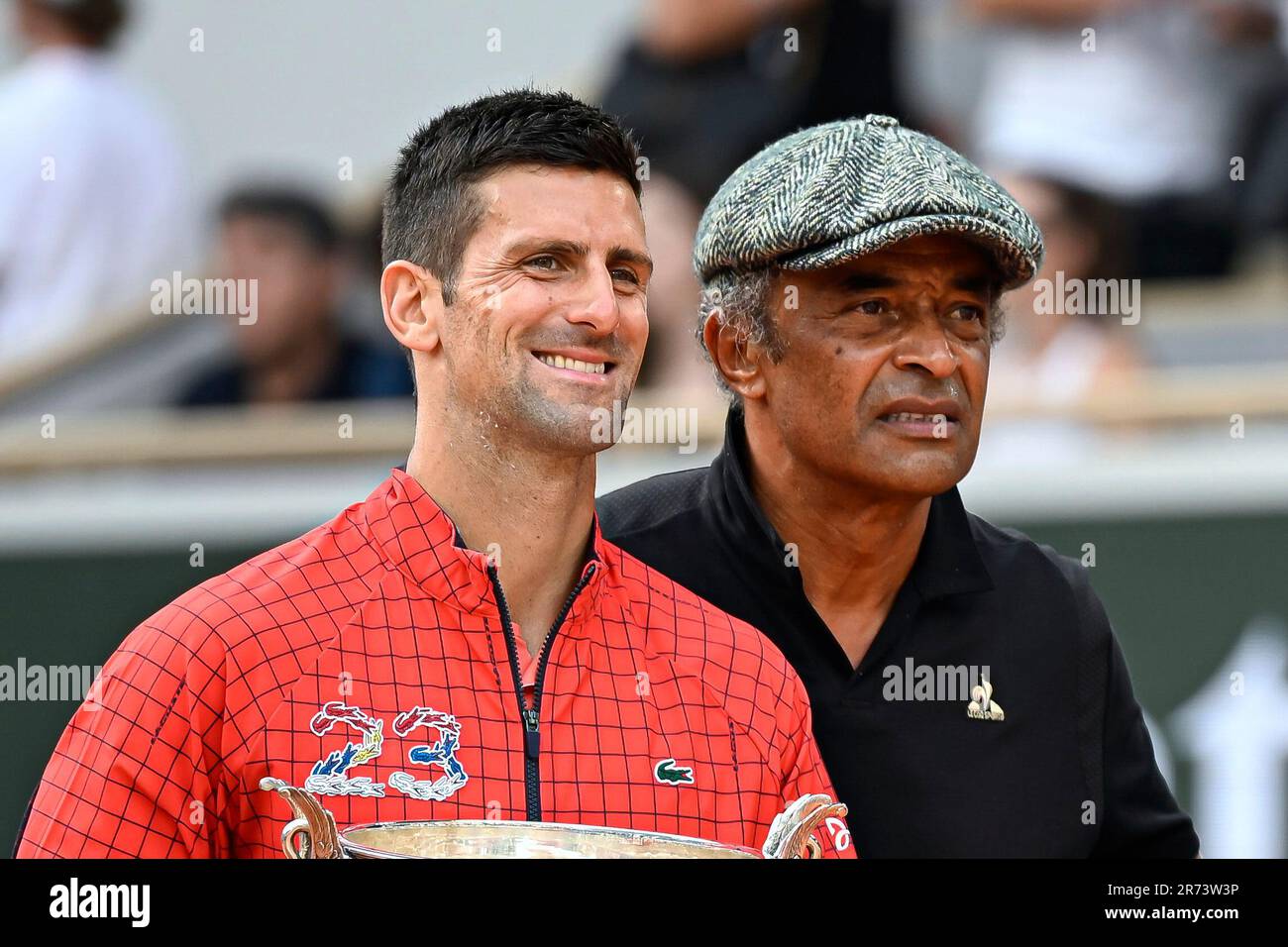 Paris, Frankreich. 11. Juni 2023. Novak Djokovic und Yannick Noah während des French Open-Finales, Grand-Slam-Tennisturnier am 11. Juni 2023 im Roland-Garros-Stadion in Paris, Frankreich. Foto Victor Joly/DPPI Kredit: DPPI Media/Alamy Live News Stockfoto